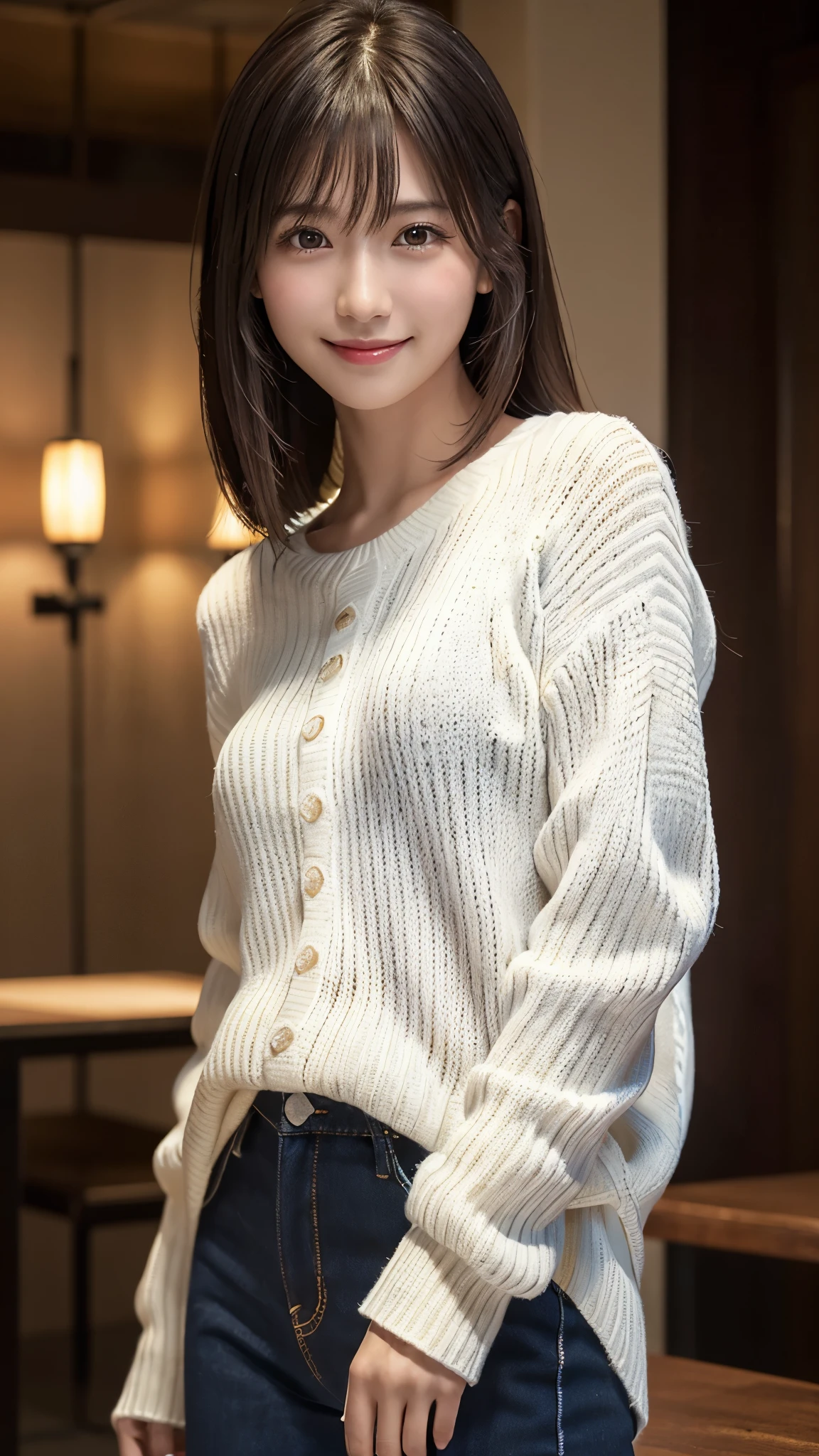 highest quality, 8k, High resolution, masterpiece, Best Photos, (Slim figure), Hourglass-shaped body shape, 1 Japanese female, Fine and beautiful eyes, Very detailed, Detailed face, In the hotel lobby, Photo from the waist up, short hair, Lightweight plain knit sweater, Big Breasts, (View your viewers)