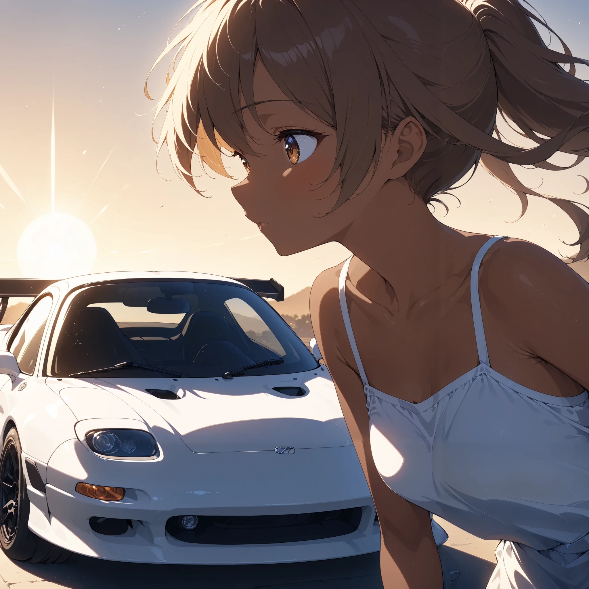 1 beautiful girl standing next to a tuned RX7、 masterpiece, perfect face,textured brown skin、 top quality, anime