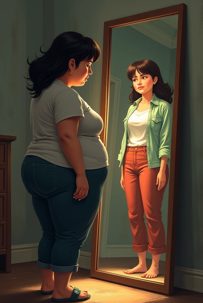 A scene of someone feeling frustrated(a) for not being able to lose weight, showing common difficulties, like clothes that no longer fit, among others