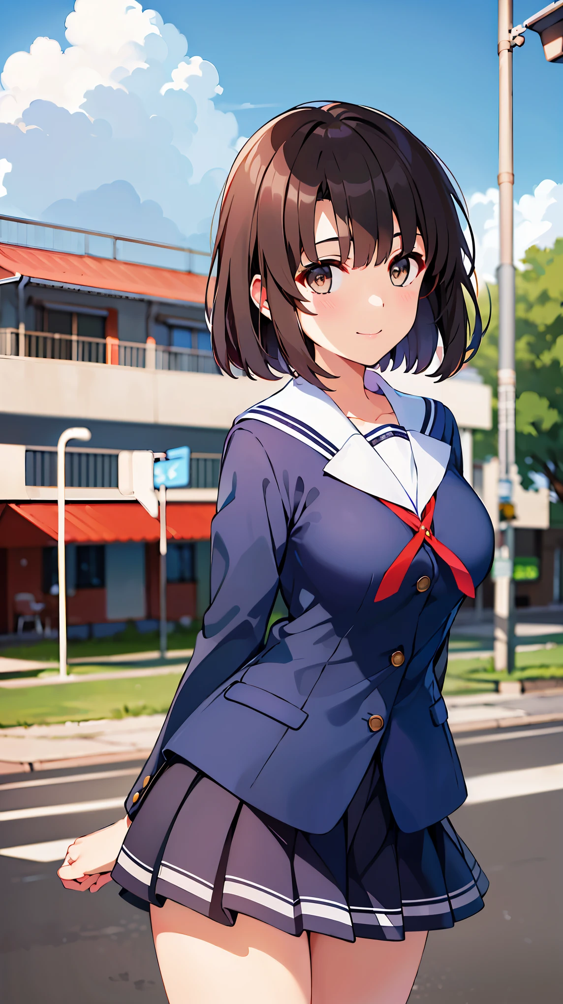 ((masterpiece, Highest quality, High Resolution)), bitches line up in front of the motel,
break, 1 girl, standing, cowboy shot, close your mouth, smile,
break,
break, BB Megumi , short hair, school uniform, sailor color, (blue shirt:1.2), Long Sleeve, pleated skirt, blue skirt