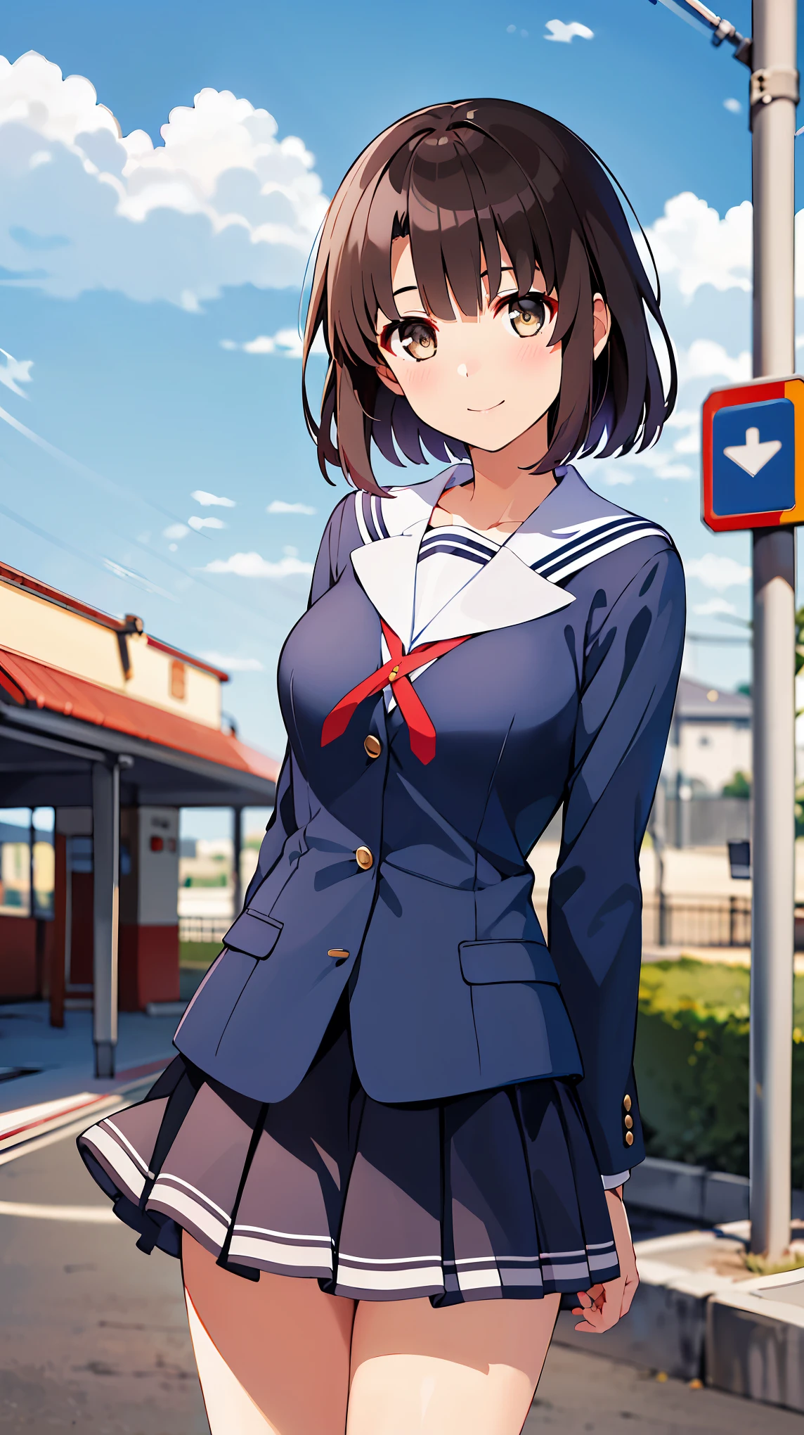 ((masterpiece, Highest quality, High Resolution)), bitches line up in front of the motel,
break, 1 girl, standing, cowboy shot, close your mouth, smile,
break,
break, BB Megumi , short hair, school uniform, sailor color, (blue shirt:1.2), Long Sleeve, pleated skirt, blue skirt