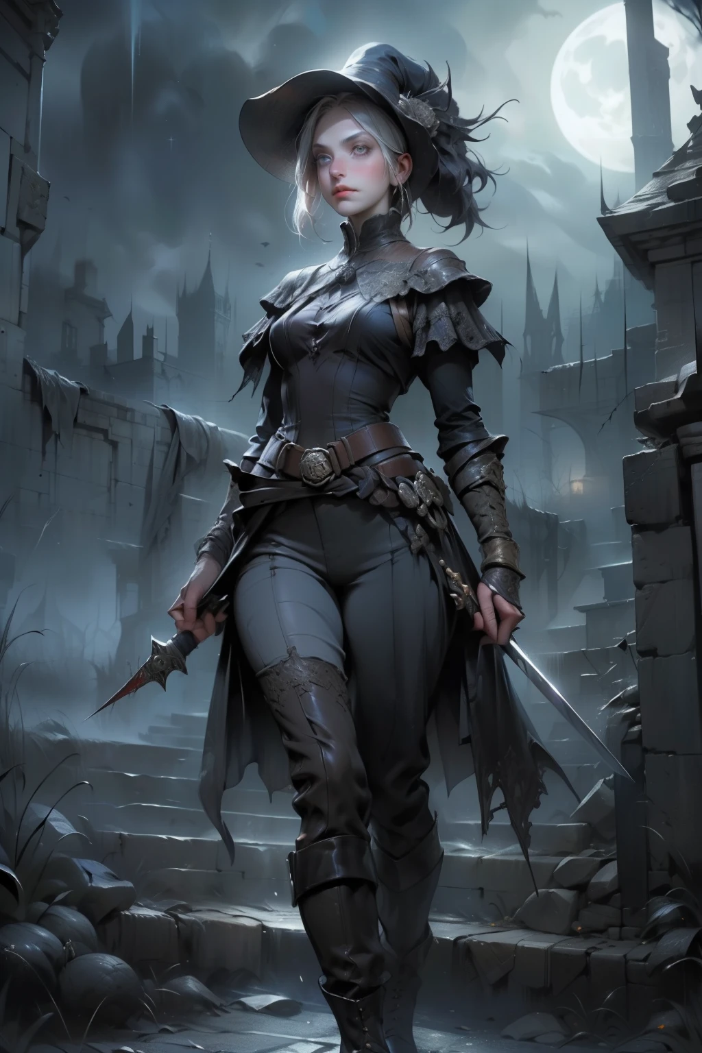 ((best quality)), ((masterpiece)), (detailed), score_9, score_8_up, score_7_up, score_6_up, (1girls), a female occultic knight, witch, knight, wielding a rapier-like sword, perfect face (((mastepiece, of the highest quality, super detailed))), photorealistic, Dark fantasy art, dark fantasy, ((gothic art)), ((Bloodborne inspired)), (Victorian era inspired), (Brotherhood Of The Wolf inspired), (typical witches hat sharing design features of a hunter's cap), (leather trousers with buckles and belts), (occultic vibe), (cosmic horror vibe), (occultic military uniform), (military witch), ((intricate and beautiful cloth and leather clothing)), ((complex buckled leather boots)), (regal and elegant, a person of great social importance), ((mature, foreboding atmosphere)), ((dark and gloomy)), ((((Highly detailed face)))), small thin nose, Small thin lips mouth, (((Very sharp focused eyes))), ((perfect symmetrical beautiful eyes)). looking here, (resolved expression), (resolute expression), (sad face), beautiful (((very small breasts))), (((little boobs))), (((tiny breasts))), (((flat chest:0.1))), (((very tiny boobs))), (((very flat chested))), ((brunette)) hair, ((long ponytail, thick ponytail, heavy ponytail)), very long eyelashes, soft lighting