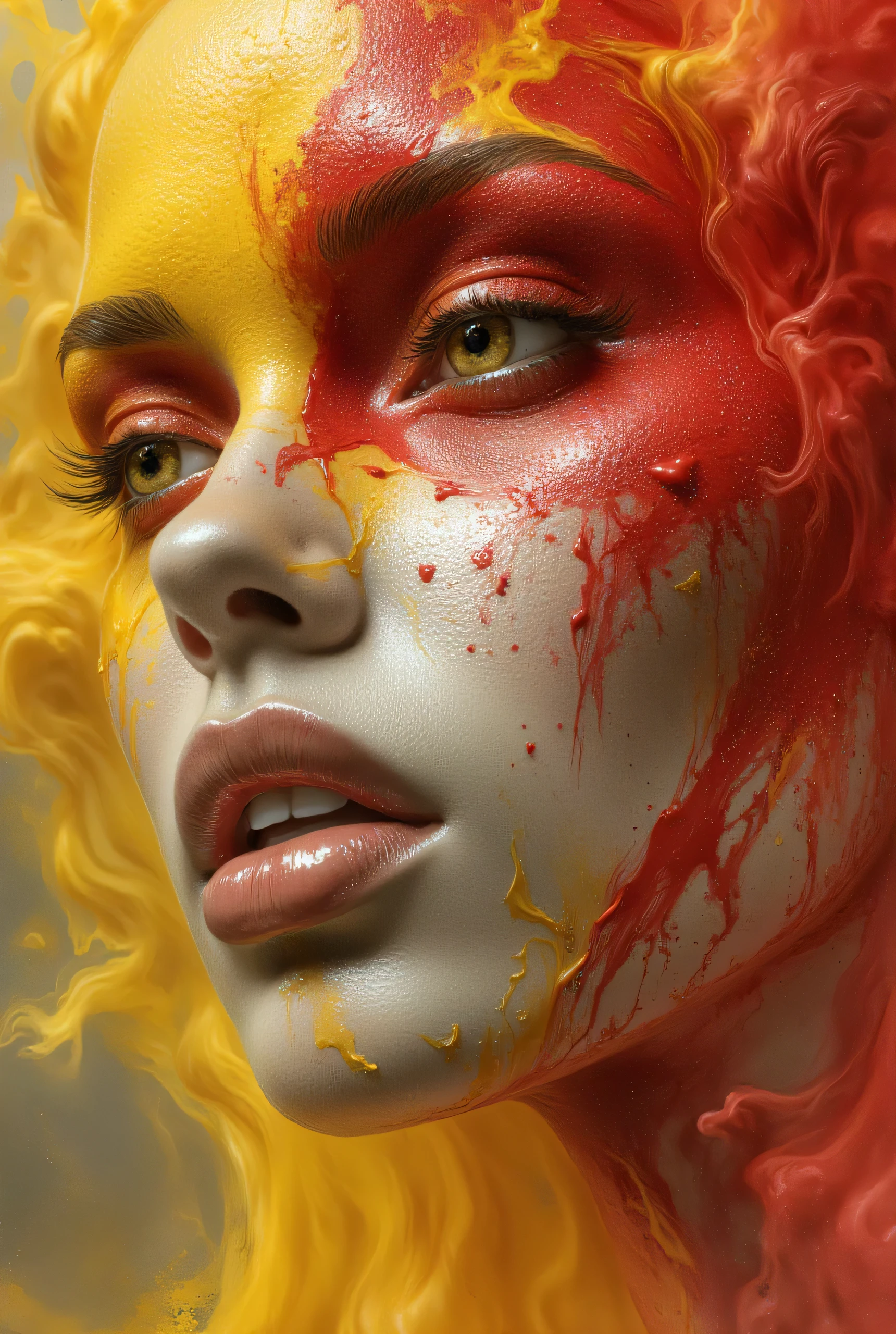 photorealistic, hyper detailed female face of smoke and red, yellow, and silver color. Added in a style reference, a composition reference, Hyper realistic, splash images, splattering, Fauvism, Geometric, Marble.