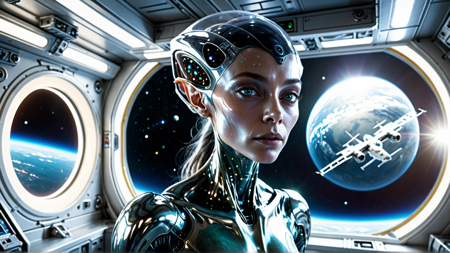 sfw, ((biomechanical full body:1.5)) <lora:add-detail-xl:.41>, [(a   1girl(((robotic))) alien:1.5)], highly detailed, [attractive natural pale human skin on face, attractive makeup, [ large crocodile  eyes(led backlight)], human face,  moist lips, clear separation between lips and teeth], subtle expression of  excitement, cinematic flair, absolute realism, vivid color and contrast,  otherworldly,  celestial, evil, cinematic,  <lora:alienzkin:.8> alienzkin:2futuristicomechanical full body:1.5))