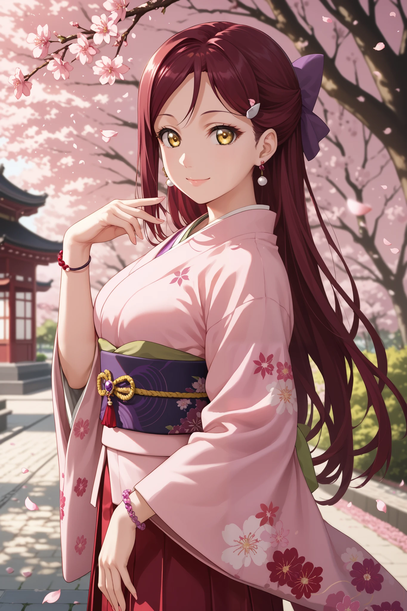 score_9, score_8_up, score_7_up, source_anime, riko sakurauchi, long hair, hair ornament, yellow eyes, red hair, hairclip, long hair, straight hair, hair bow, Small petal earrings, Hakama, Taisho Fashion, Sheer Pink Kimono, Floral, Station Bracelet, Purple obi, Delicate obi decoration, Elegant pose, Standing, Cowboy Shot, Rim Lighting, light smile, Outdoor, cherry blossoms, Cherry blossom petals, park, Large Breasts, Beautiful Face, Idol, cute, Transience, Beautiful Hair, Beautiful fingers, High-quality kimono, side view, looking at viewer, (overfit style:1.2), very aesthetic, AIU
