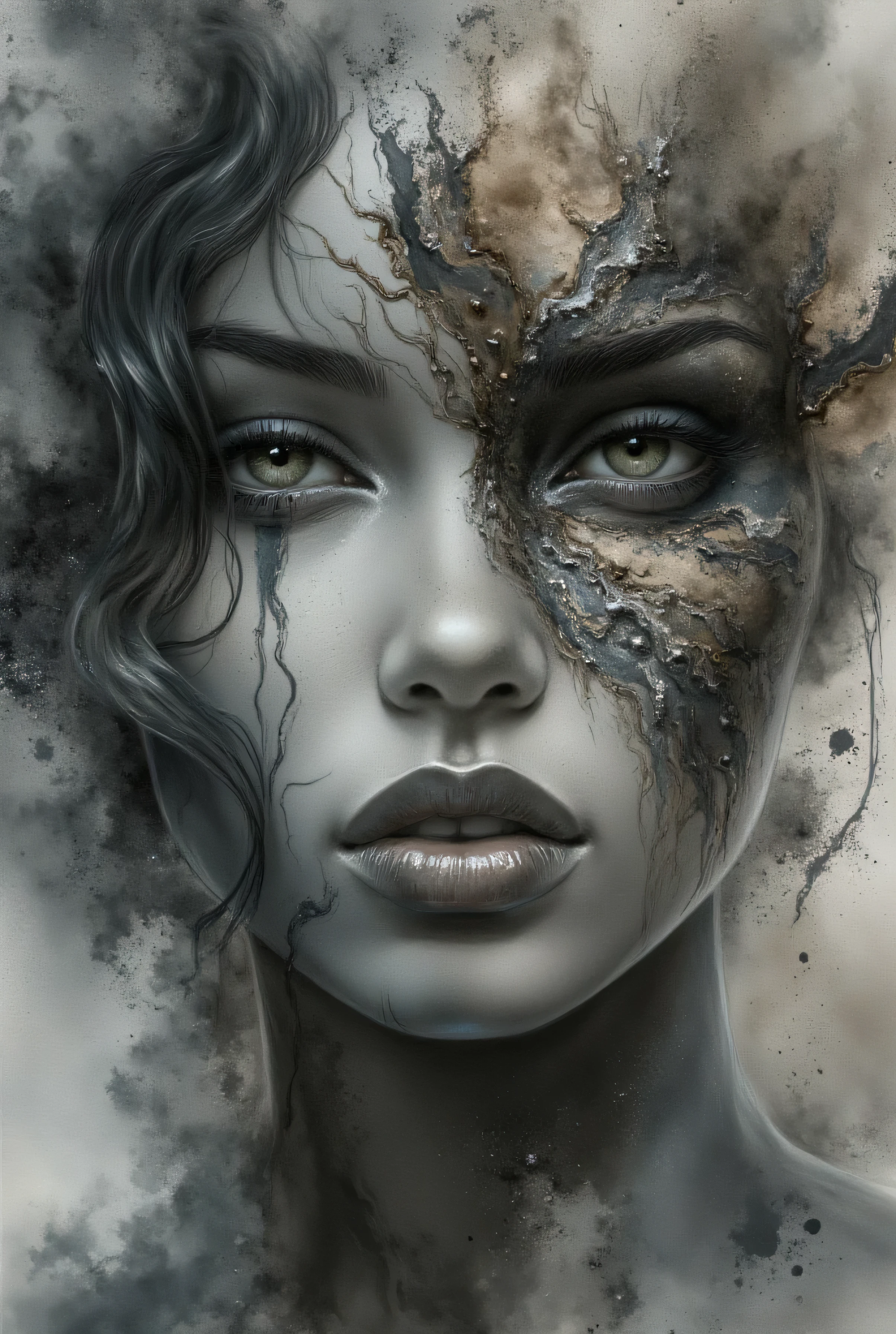 photorealistic, hyper detailed female face of smoke and black, gray, and silver color. Added in a style reference, a composition reference, Hyper realistic, splash images, splattering, Fauvism, Geometric, Marble.
