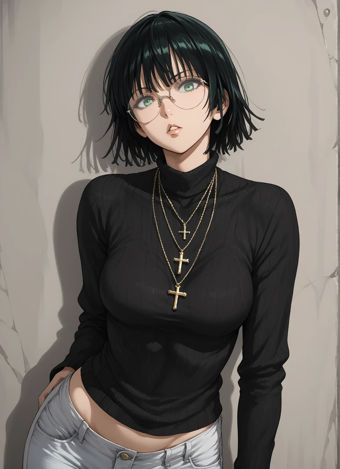 score_9, score_8_up, score_7_up, source_anime, BREAK 1girl, EPopmFubuki, black hair, short hair, green eyes, large breast,
1girl, solo, jewelry, cross, cross_necklace, necklace, glasses, pants, black_hair, round_eyewear, looking_at_viewer, long_sleeves, sweater, denim, jeans, short_hair, bangs, latin_cross, breasts, shadow, black_eyes, head_tilt, turtleneck, black_sweater, parted_lips, white_pants, medium_breasts, cowboy_shot,