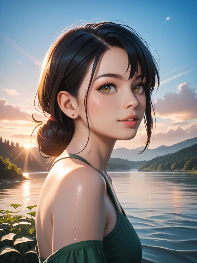 (1 girl, realistic, upper body, detailed face, beautiful dress), (best quality, masterpiece, high quality, 1girl, solo, (upper body, beautiful dress), illustration, beautiful detailed girl, beautiful detailed glow, beautiful detailed eyes, highres, detailed, high resolution illustraion, ultra-detailed, detailed background, beautiful detailed face), ((background: Capture a picturesque landscape with lush green hills, a clear blue sky, and a tranquil lake reflecting the surroundings. Include intricate details such as blooming flowers, tall trees, and birds in flight to evoke a sense of peace and natural beauty.))