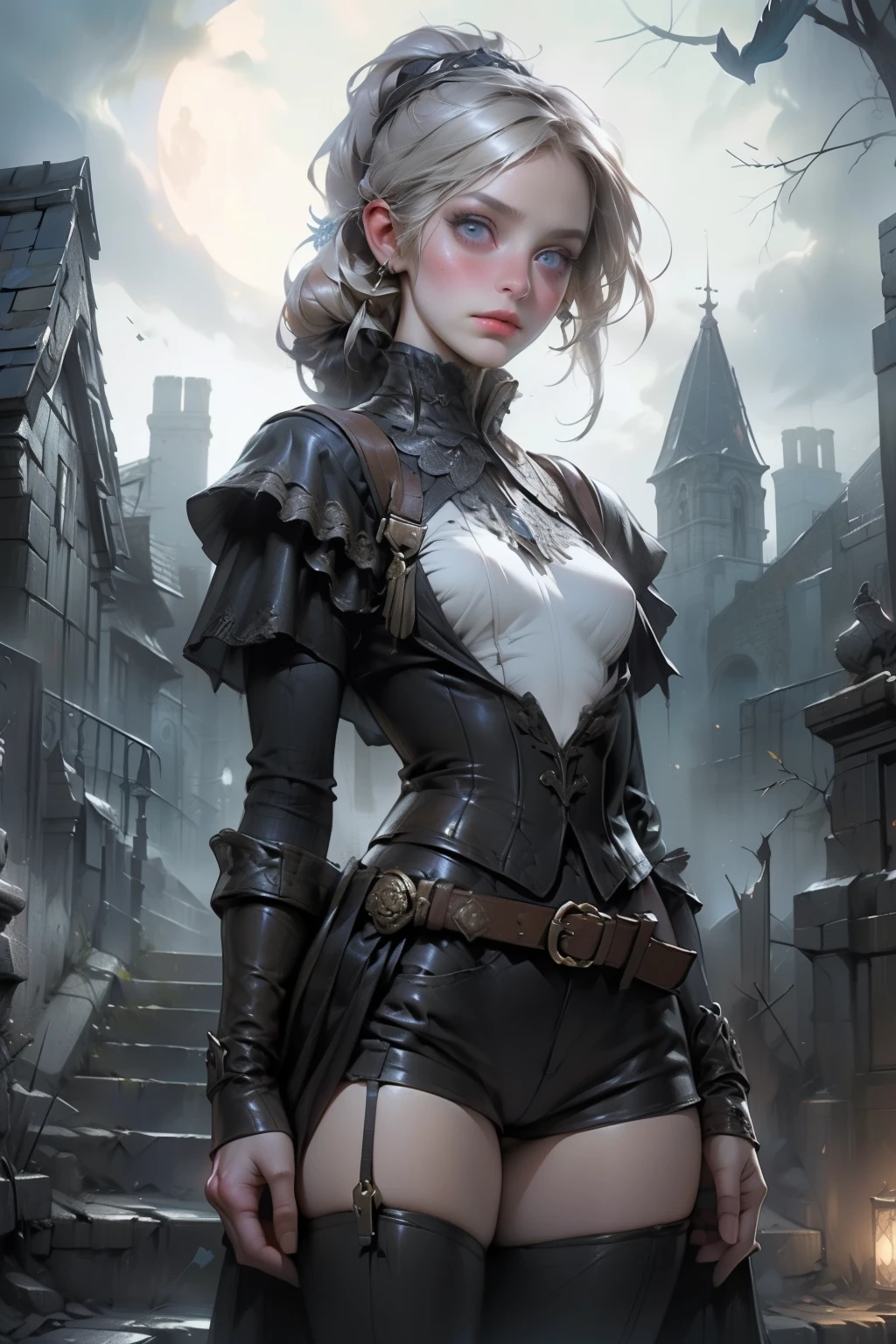 ((best quality)), ((masterpiece)), (detailed), score_9, score_8_up, score_7_up, score_6_up, (1girls), a female occultic knight, witch, knight, wielding a rapier-like sword, perfect face (((mastepiece, of the highest quality, super detailed))), photorealistic, Dark fantasy art, dark fantasy, ((gothic art)), ((Bloodborne inspired)), (Victorian era inspired), (Brotherhood Of The Wolf inspired), (typical witches hat sharing design features of a hunter's cap), (leather trousers with buckles and belts), (occultic vibe), (cosmic horror vibe), (occultic military uniform), (military witch), ((intricate and beautiful cloth and leather clothing)), ((thigh high strapped leather boots)), ((complex buckled leather boots)), (regal and elegant, a person of great social importance), ((mature, foreboding atmosphere)), ((dark and gloomy)), ((((Highly detailed face)))), small thin nose, Small thin lips mouth, (((Very sharp focused eyes))), ((perfect symmetrical beautiful eyes)). looking here, (resolved expression), (resolute expression), (sad face), beautiful (((very small breasts))), (((little boobs))), (((tiny breasts))), (((flat chest:0.1))), (((very tiny boobs))), (((very flat chested))), ((brunette)) hair, ((long ponytail, thick ponytail, heavy ponytail)), very long eyelashes, soft lighting