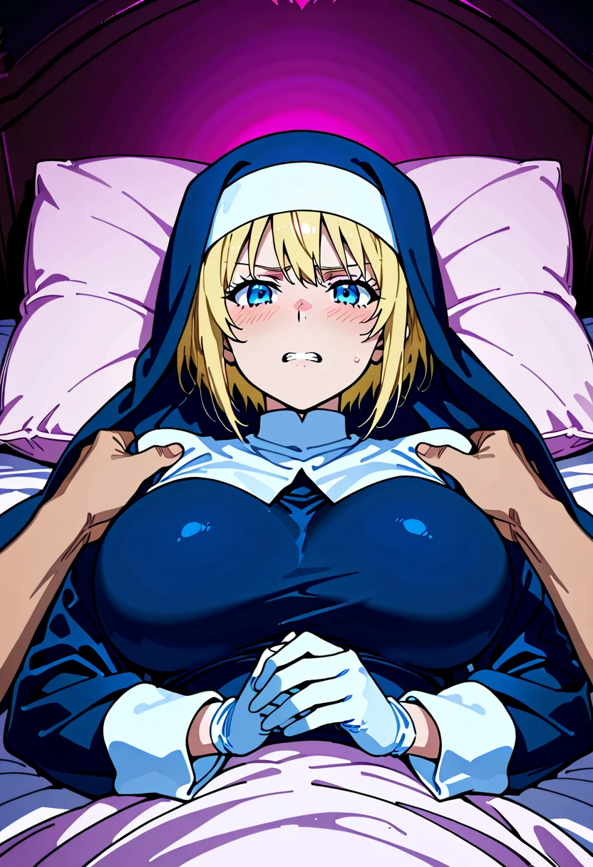 1girl, blond hair, Catholic nun, smile, ((large breasts)), church, glasses, BREAK (solo), povfellatio, 1boy, penis, fellatio, pov, ass, top-down bottom-up, close up