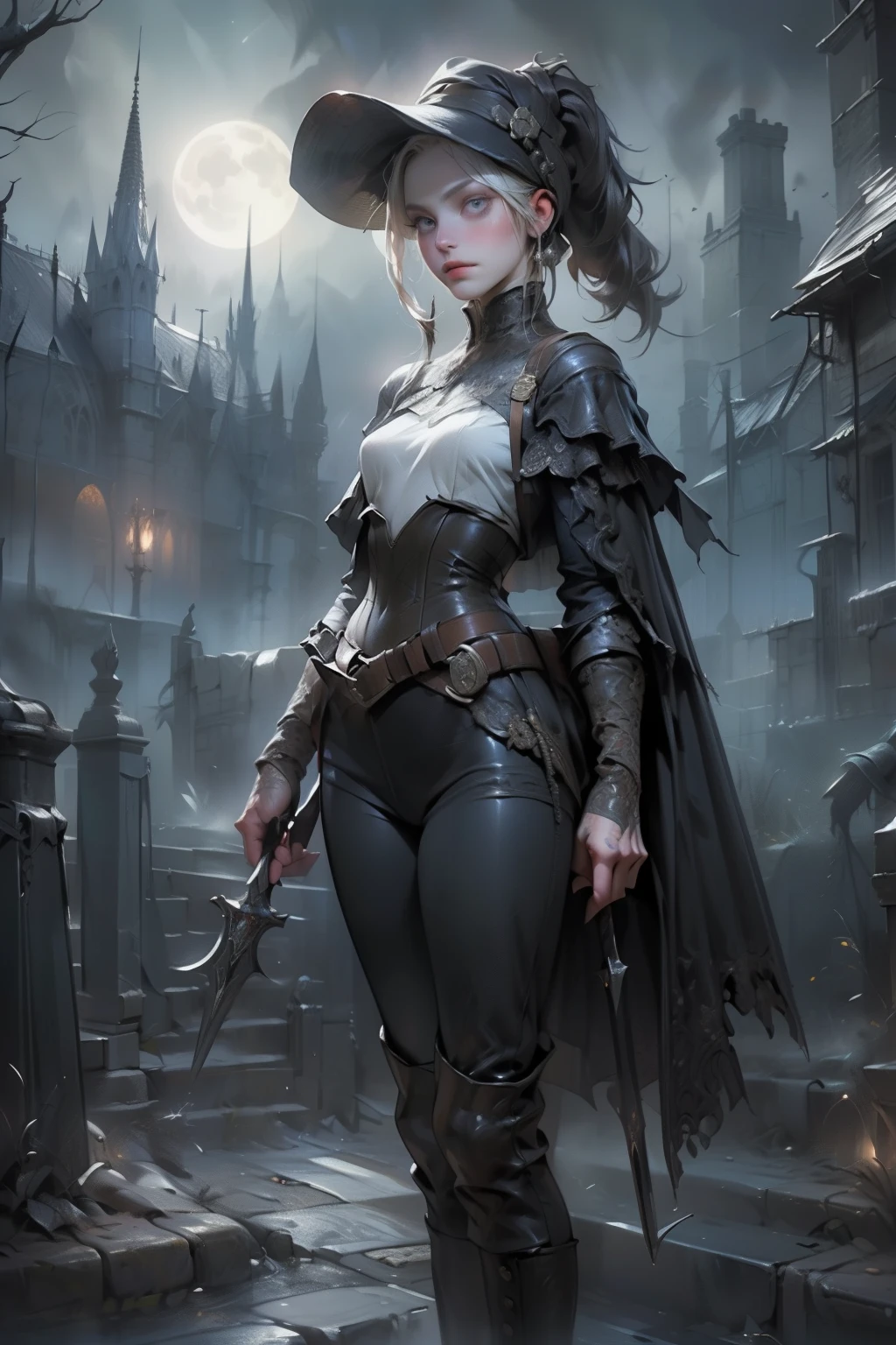 ((best quality)), ((masterpiece)), (detailed), score_9, score_8_up, score_7_up, score_6_up, (1girls), a female occultic knight, witch, knight, wielding a rapier-like sword, perfect face (((mastepiece, of the highest quality, super detailed))), photorealistic, Dark fantasy art, dark fantasy, ((gothic art)), ((Bloodborne inspired)), (Victorian era inspired), (Brotherhood Of The Wolf inspired), (typical witches hat sharing design features of a hunter's cap), (leather trousers with buckles and belts), (occultic vibe), (cosmic horror vibe), (occultic military uniform), (military witch), ((intricate and beautiful cloth and leather clothing)), ((thigh high strapped leather boots)), ((complex buckled leather boots)), (regal and elegant, a person of great social importance), ((mature, foreboding atmosphere)), ((dark and gloomy)), ((((Highly detailed face)))), small thin nose, Small thin lips mouth, (((Very sharp focused eyes))), ((perfect symmetrical beautiful eyes)). looking here, (resolved expression), (resolute expression), (sad face), beautiful (((very small breasts))), (((little boobs))), (((tiny breasts))), (((flat chest:0.1))), (((very tiny boobs))), (((very flat chested))), ((brunette)) hair, ((long ponytail, thick ponytail, heavy ponytail)), very long eyelashes, soft lighting