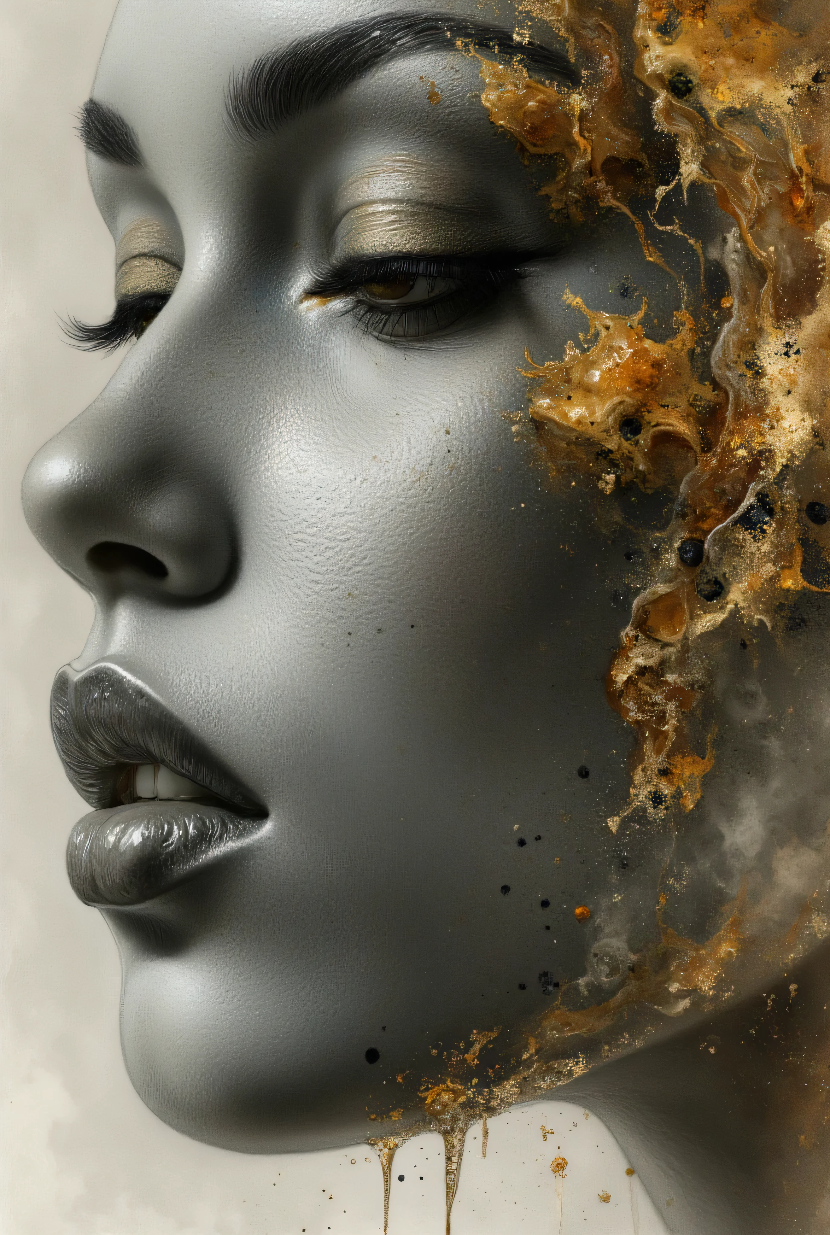 photorealistic, hyper detailed female face of smoke and black, gray, and bronze color. Added in a style reference, a composition reference, Hyper realistic, splash images, splattering, Fauvism, Geometric, Marble.