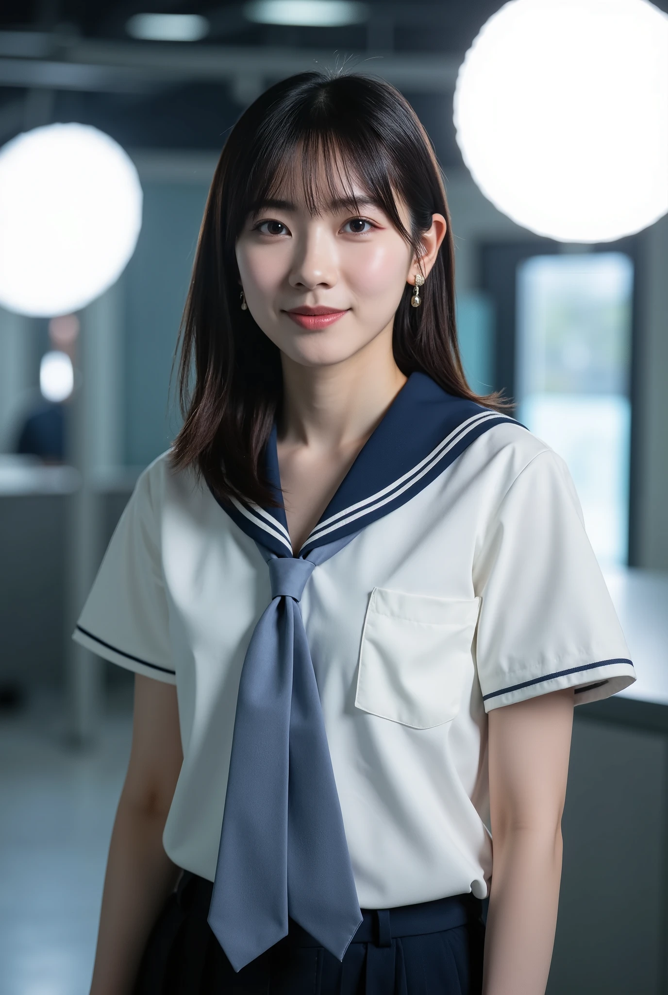 Create a stunning portrait of a very beautiful Japanese actress. She is wearing a school uniform and has a slim figure with a small bust. The setting is a professional photography studio, where she stands confidently. The lighting is cinematic, enhancing her features and creating a bright, clean look, as if shot with a white reflector. Her medium-length hair is styled neatly, adding to her refined appearance. The overall image should be luminous and visually striking, capturing the essence of a high-quality, film-like photograph.