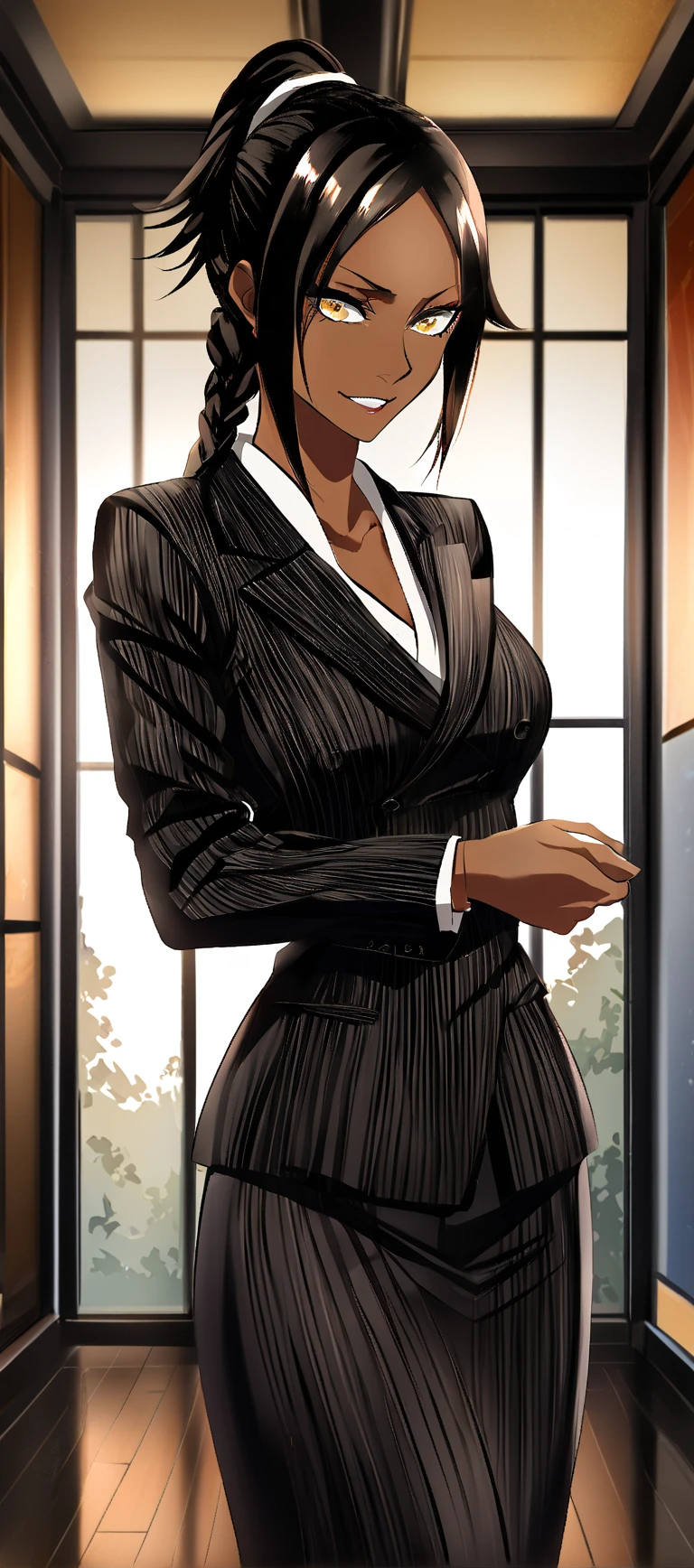 (Long wavy black hair:1.2), Beautiful 45 year old lady female futanari, curvy body, Brown Skin, (bulge in crotch:1.1), (Wearing a black jacket and tight black pants and business glasses;1.3), View from the front, Waist up shot, stern pose, Intricate facial details, hotel lobby