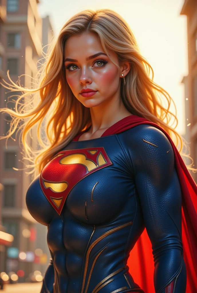 A TEEN FEMALE WITH A HOT BUSTY BODY, LONG BLONDE HAIR AND BLUE EYES WEARING A COMPLETE SEXY SUPERGIRL COSTUME AND CAPE. ABSURD 8K RESOLUTION, INCREDIBLY DETAILED SKIN AND EYES. FULL BODY VIEW.