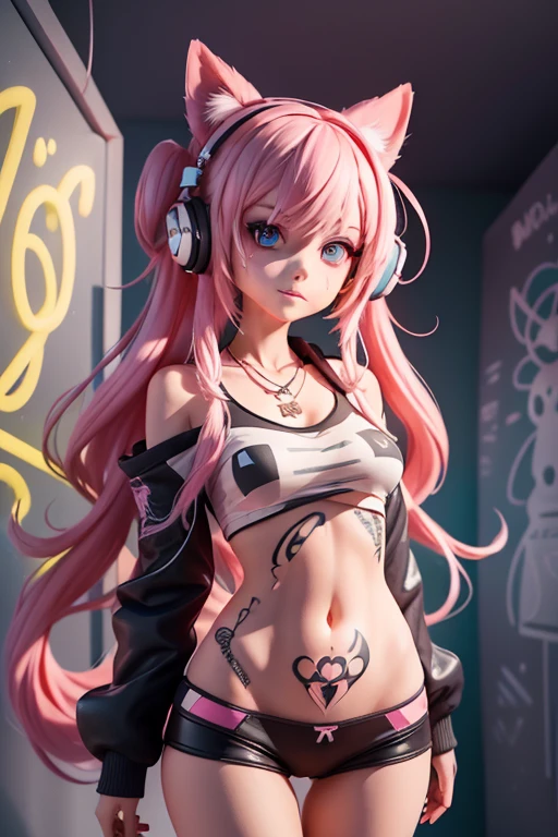 ((first work)), ((Better Quality)), ((Ultera - Details)),(alone),(whole body: 1.35),(Cowboy Shot),Long Shot,Full Shot,(Dynamic English),album,(error), (One girl: 1.3), Pink Hair, Long Hair, (alone: 1.2),,(Detailed and beautiful face: 1.2),(++++(Detailed and complex eyes)////),Center of chest,[[[logic]]],,(paint),((Disheveled Hair),Colored Hair,Striped Hair), ,paste,((holding gift)), night,(Neon Light),A light smile,Watching the audience, Poor handwriting, ((Graffiti Background)), (Dim Price), (Complex and messy fluorescent street graffiti (wall: 1.2)), Hip Hop Style, Rough hoodie, one piece,Deepening the contours, comics, Double exposure, (chromatic aberration), Light leakage, Noise and particles, Color Deterioration, design, Until then, Until then abstrata, geometry, Clear lines, square, bright, Limited edition palette,tattoo,tattoo,tattoo,,headphone,sunglasses,Necklace Chain