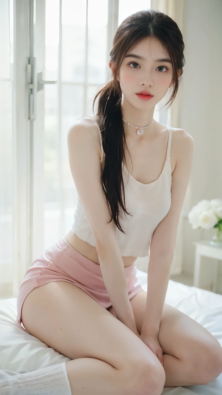 best quality,4K,8K,masterpiece、film grain,Perfect composition,ultra high resolution、(actual:1.4)、original photo、1 20 year old girl、Off the shoulders、E cup,Cleavage close-up,dark brown hair,Exquisite makeup,red lips,smile,Perfect body,Shawl straight hair,small head,oval face,big eyes,thigh,slim,emaciated,Girl wearing pink translucent tube top,Skinny hip skirt,gray pantyhose,Perfect hip line,snow scene,winter,Snow Town,view from behind,Japan,perfect face shape,Exquisite facial features,double eyelids,blurry eyes,(Skin texture is extremely delicate1.3),Ultimate light and shadow,Highly detailed face and skin textures,