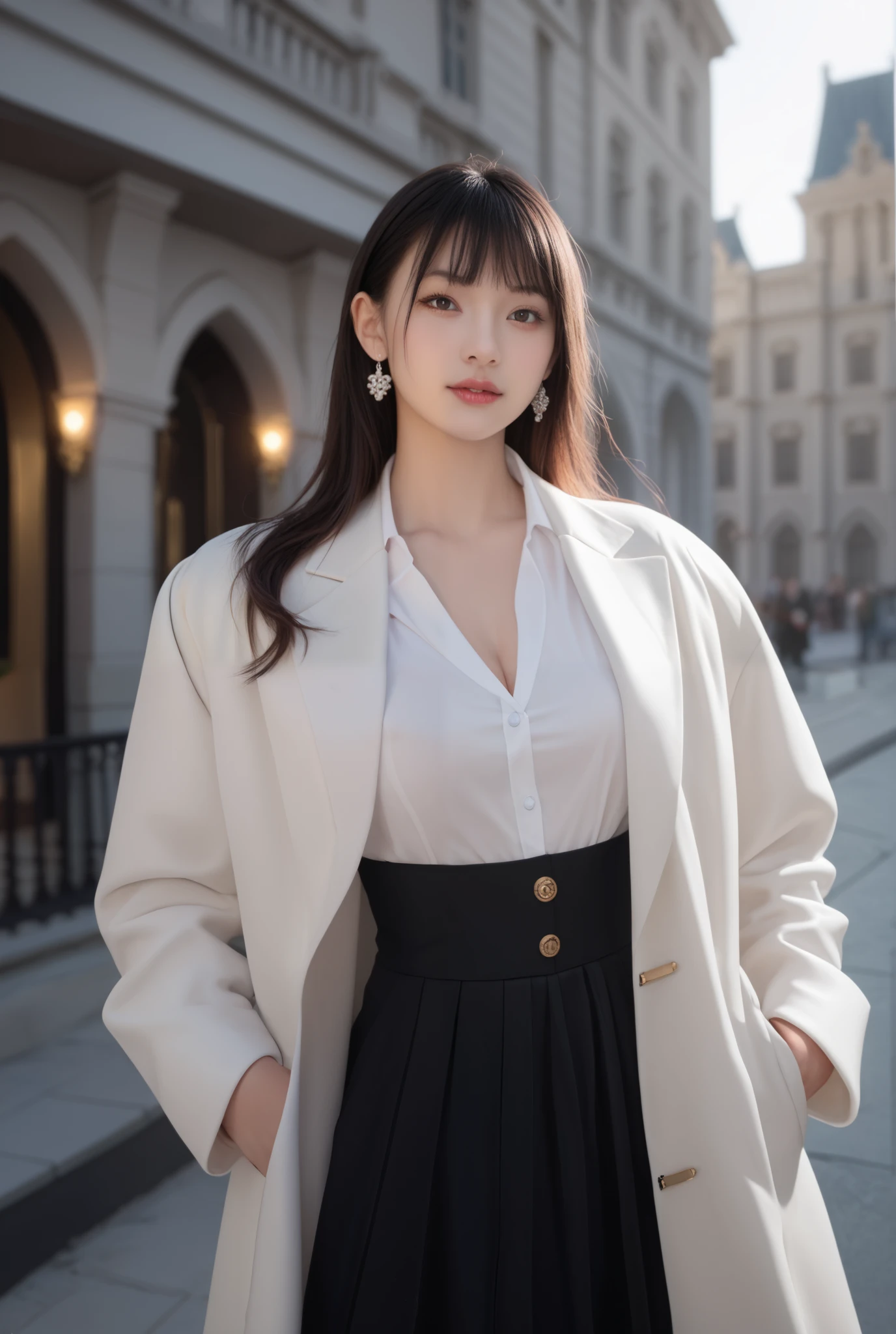  Woman,  thin waist ,  big jacket , king, black hair, sexy red dress , big boobs , sem blazer