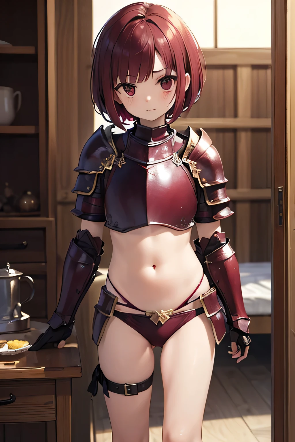 ((((Petite:1.5)))),,,,(armor,bikini armor:1.5),(Very short burgundy hair:1.5),