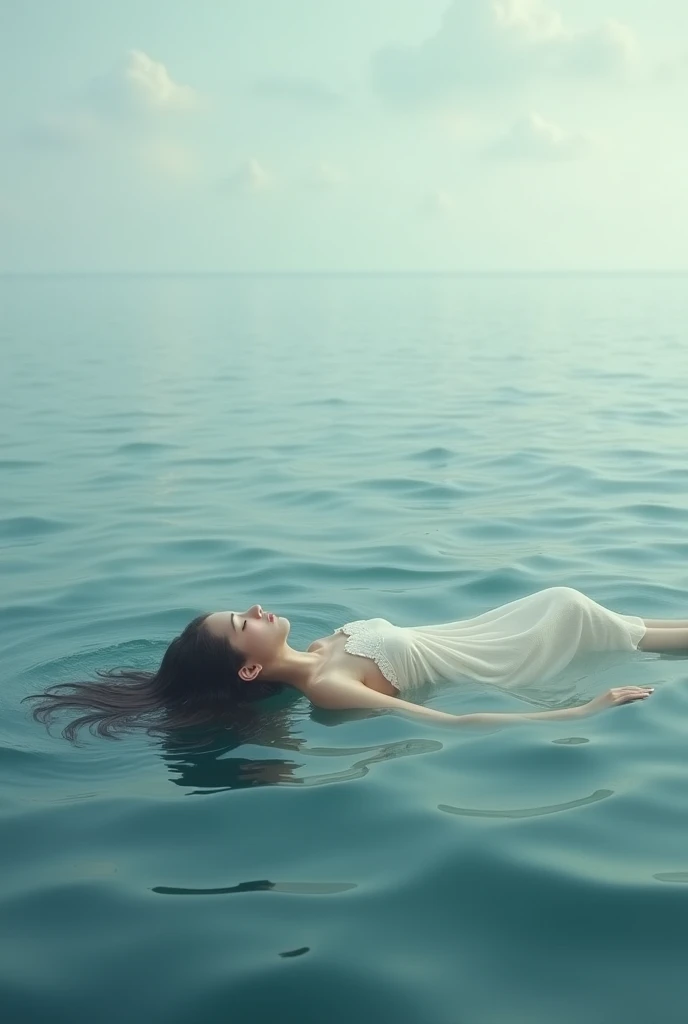 Girl in the water, sad, in a white dress, suffocates in the water - drowns