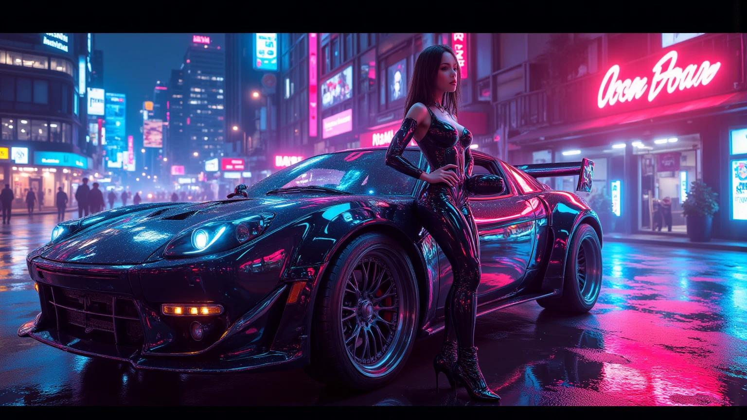 (Wide angle view). Blade Runner style futuristic city, simple outlined neon buildings, flying cars, lightning, 3d rendering Beeple. At night, (1girl, solo, alone), photorealistic, medium-breast slim:0.6 body, oval:0.5 face, cleavage:1.1, sexy black laced bra, deep-V, (low angle view of miniskirt), white laced panty, coat, (Matrix style black micro sunglasses), ((holding a short gun)), (slightly leaning forward running pose), (half-body thigh level close-up shot), cinematic lighting, ray tracing.