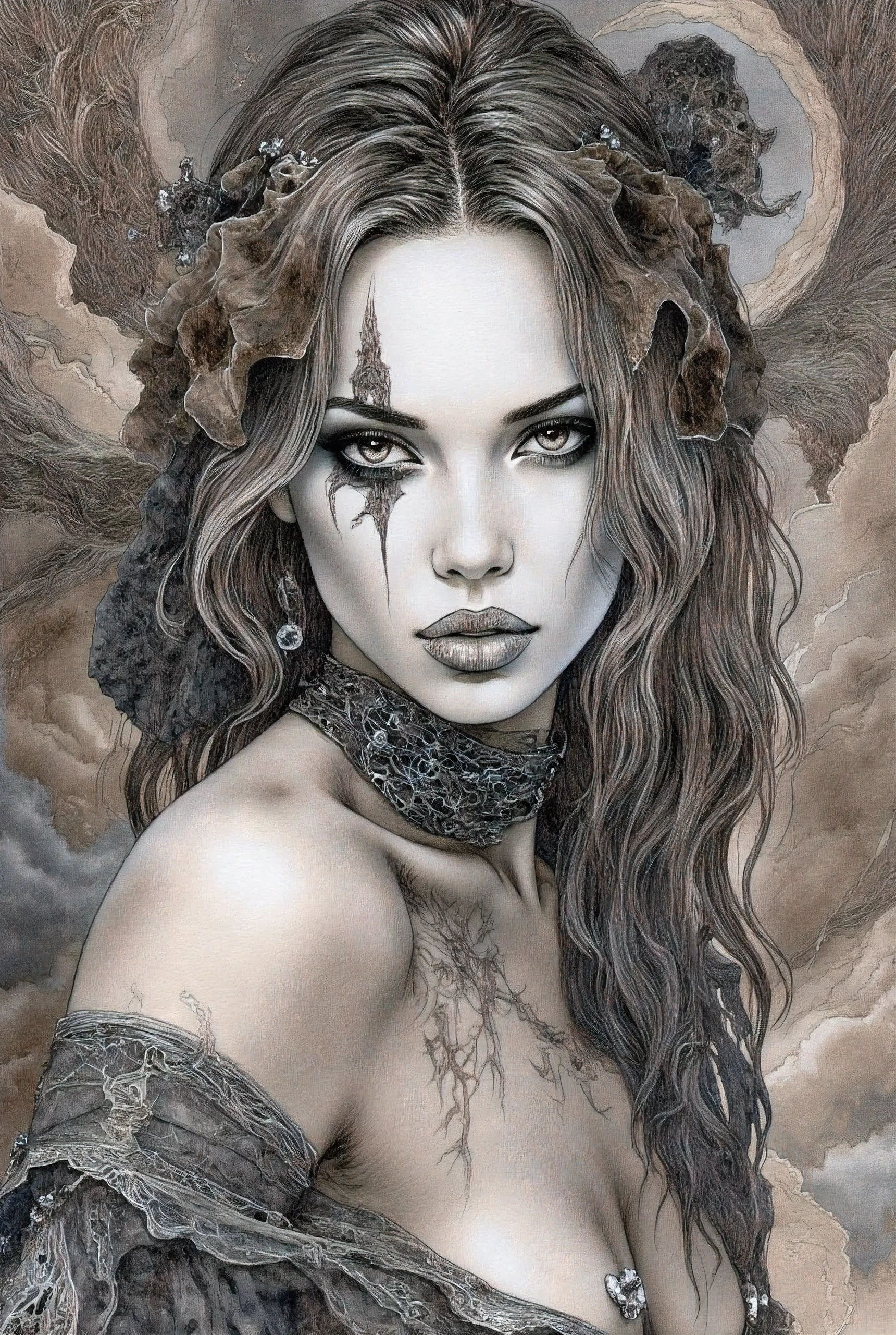 Develop a highly detailed graphite pencil close portrait of a beautiful woman, style as a Luis Royo, fantasy, gothic, sci-fi, thriving physique