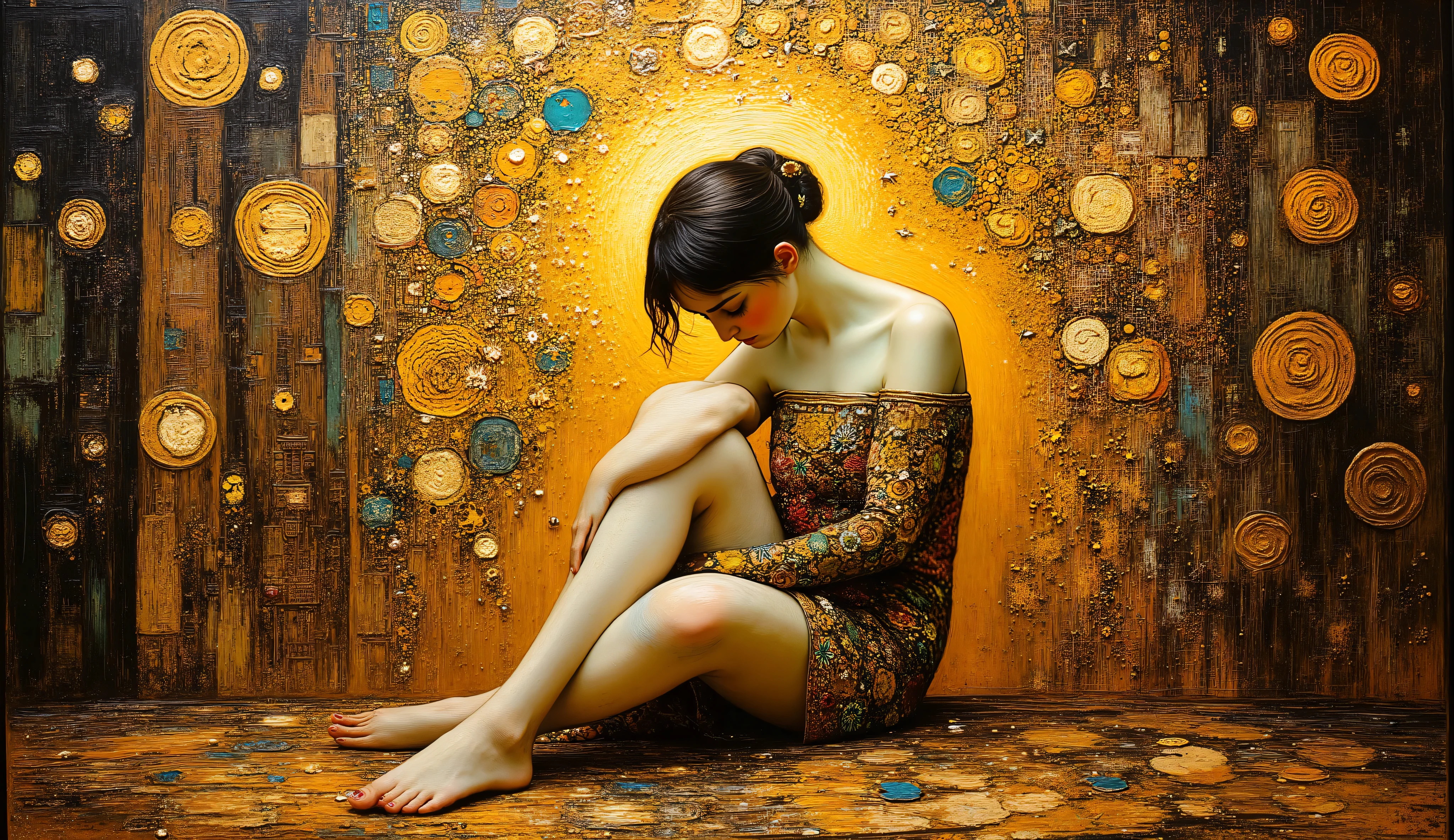 An oil painting in the style of Gustav Klimt depicting an introspective woman seated on the floor, arms wrapped around her knees, head raised, and eyes closed, enveloped by a mystical golden world behind her, emotions shown through intricate floral patterns, birds, and feline figures. Rich textures, warm golden hues, ornate details, luminous aura. --v 5 --stylize 1000