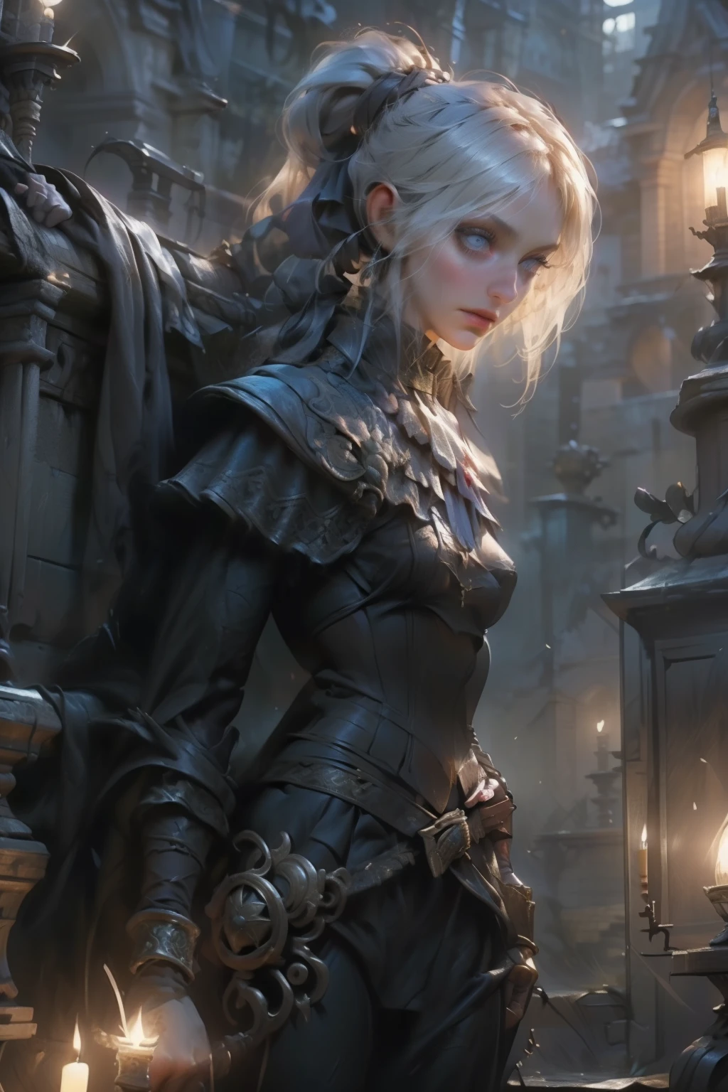((best quality)), ((masterpiece)), (detailed), score_9, score_8_up, score_7_up, score_6_up, (1girls), a female occultic knight, witch, knight, wielding a rapier-like sword, perfect face (((mastepiece, of the highest quality, super detailed))), photorealistic, Dark fantasy art, dark fantasy, ((gothic art)), ((Bloodborne inspired)), (Victorian era inspired), (Brotherhood Of The Wolf inspired), (typical witches hat sharing design features of a hunter's cap), (leather trousers with buckles and belts), (occultic vibe), (cosmic horror vibe), (occultic military uniform), (military witch), ((intricate and beautiful cloth and leather clothing)), ((thigh high strapped leather boots)), ((complex buckled leather boots)), (regal and elegant, a person of great social importance), ((mature, foreboding atmosphere)), ((dark and gloomy)), ((((Highly detailed face)))), small thin nose, Small thin lips mouth, (((Very sharp focused eyes))), ((perfect symmetrical beautiful eyes)). looking here, (resolved expression), (resolute expression), (sad face), beautiful (((very small breasts))), (((little boobs))), (((tiny breasts))), (((flat chest:0.1))), (((very tiny boobs))), (((very flat chested))), ((brunette)) hair, ((long ponytail, thick ponytail, heavy ponytail)), very long eyelashes, soft lighting