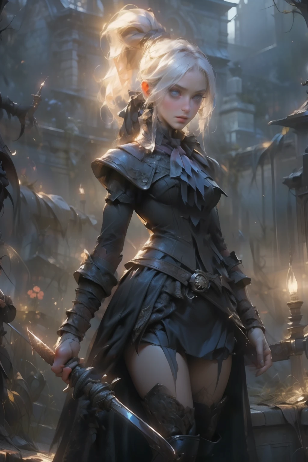 ((best quality)), ((masterpiece)), (detailed), score_9, score_8_up, score_7_up, score_6_up, (1girls), a female occultic knight, witch, knight, wielding a rapier-like sword, perfect face (((mastepiece, of the highest quality, super detailed))), photorealistic, Dark fantasy art, dark fantasy, ((gothic art)), ((Bloodborne inspired)), (Victorian era inspired), (Brotherhood Of The Wolf inspired), (typical witches hat sharing design features of a hunter's cap), (leather trousers with buckles and belts), (occultic vibe), (cosmic horror vibe), (occultic military uniform), (military witch), ((intricate and beautiful cloth and leather clothing)), ((thigh high strapped leather boots)), ((complex buckled leather boots)), (regal and elegant, a person of great social importance), ((mature, foreboding atmosphere)), ((dark and gloomy)), ((((Highly detailed face)))), small thin nose, Small thin lips mouth, (((Very sharp focused eyes))), ((perfect symmetrical beautiful eyes)). looking here, (resolved expression), (resolute expression), (sad face), beautiful (((very small breasts))), (((little boobs))), (((tiny breasts))), (((flat chest:0.1))), (((very tiny boobs))), (((very flat chested))), ((brunette)) hair, ((long ponytail, thick ponytail, heavy ponytail)), very long eyelashes, soft lighting