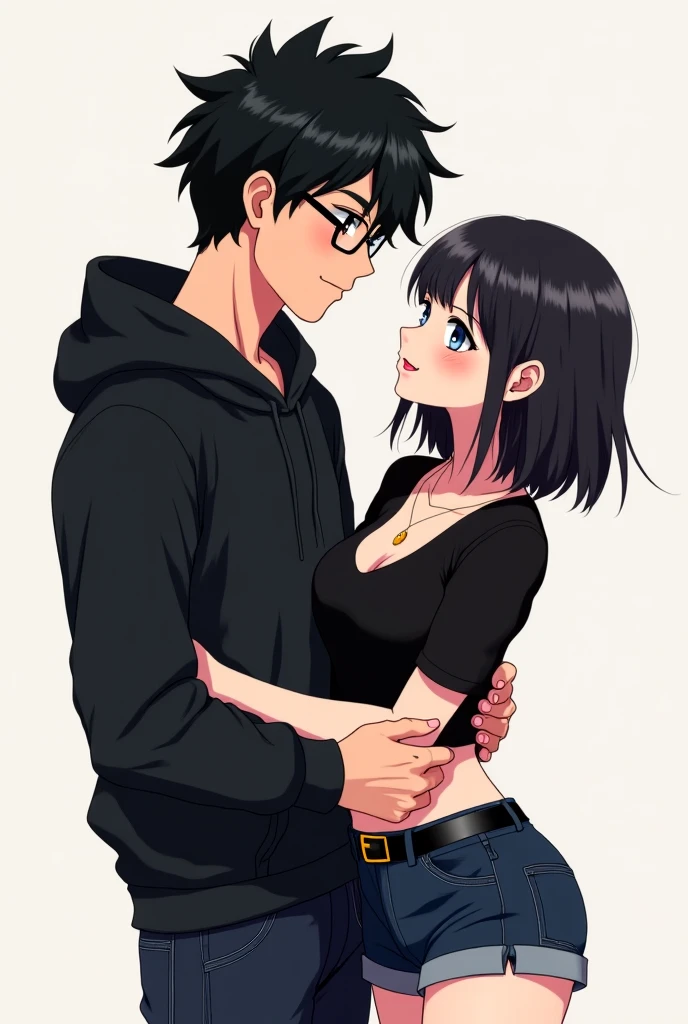 Boy with black wair with side parted short hairstyle. And The short boxed beard. Girl with black shoulder lenght hair parted in middle on head, No bangs or fringe. Strictly no fringe, wearing glasses. Both wearing hoodie and jeans and smiling. Standing closely, girl holding boy's arm. Both looking at each other, smiling and hugging