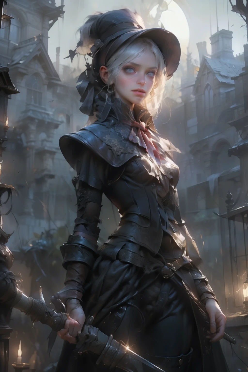 ((best quality)), ((masterpiece)), (detailed), score_9, score_8_up, score_7_up, score_6_up, (1girls), a female occultic knight, witch, knight, wielding a rapier-like sword, perfect face (((mastepiece, of the highest quality, super detailed))), photorealistic, Dark fantasy art, dark fantasy, ((gothic art)), ((Bloodborne inspired)), (Victorian era inspired), (Brotherhood Of The Wolf inspired), (typical witches hat sharing design features of a hunter's cap), (leather trousers with buckles and belts), (occultic vibe), (cosmic horror vibe), (occultic military uniform), (military witch), ((intricate and beautiful cloth and leather clothing)), ((thigh high strapped leather boots)), ((complex buckled leather boots)), (regal and elegant, a person of great social importance), ((mature, foreboding atmosphere)), ((dark and gloomy)), ((((Highly detailed face)))), small thin nose, Small thin lips mouth, (((Very sharp focused eyes))), ((perfect symmetrical beautiful eyes)). looking here, (resolved expression), (resolute expression), (sad face), beautiful (((very small breasts))), (((little boobs))), (((tiny breasts))), (((flat chest:0.1))), (((very tiny boobs))), (((very flat chested))), ((brunette)) hair, ((long ponytail, thick ponytail, heavy ponytail)), very long eyelashes, soft lighting