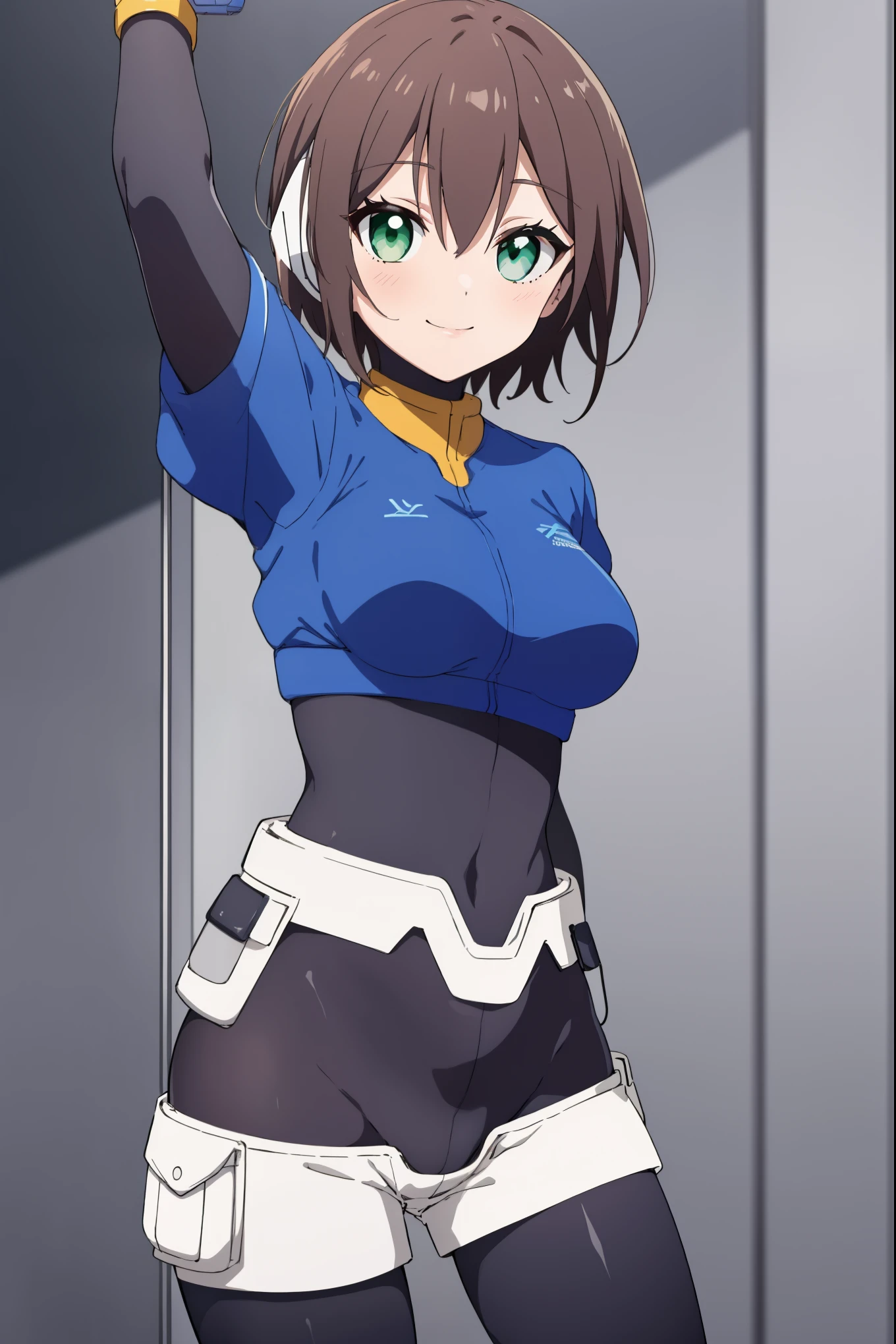 masterpiece, best quality, integrated scenery, integrated background, extremely delicate and beautiful, meticulous details, good composition, , cute face, perfect face, perfect hands, aile_megamanzx,  , ung__girl, solo, short hair, brown hair, short sleeves, (bodysuit), robot ears, green eyes, short_shorts, short sleeves, short over long sleeves, smile, in futuristic city, , high quality, medium_breasts,crotch, slouch,handgun,