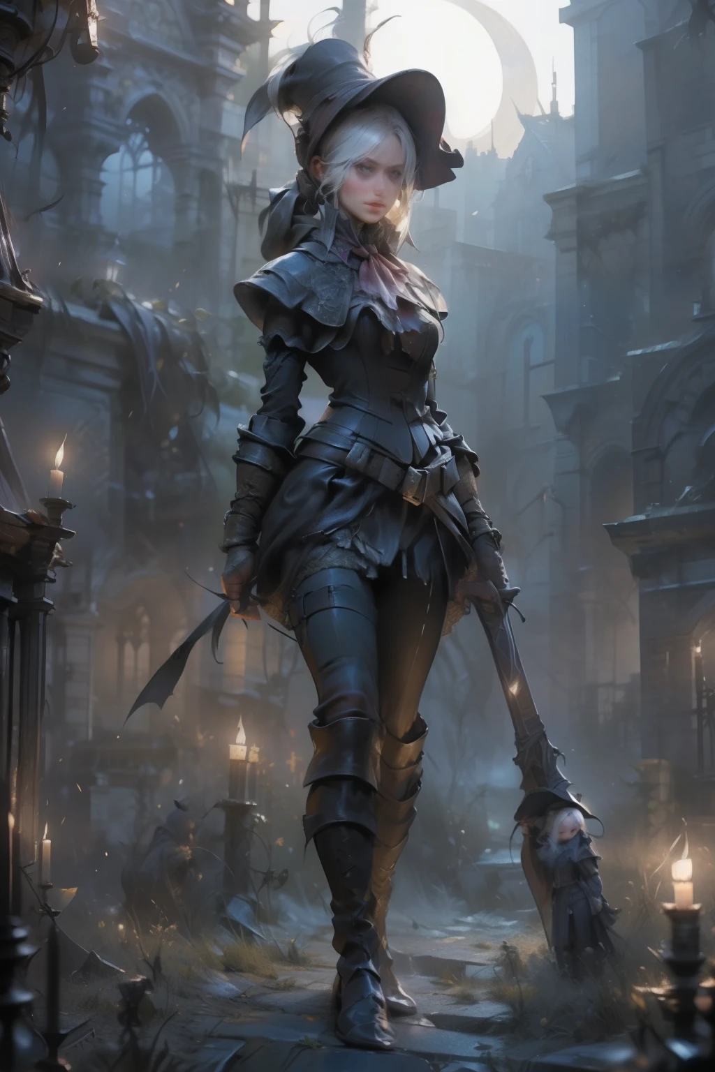 ((best quality)), ((masterpiece)), (detailed), score_9, score_8_up, score_7_up, score_6_up, (1girls), a female occultic knight, witch, knight, wielding a rapier-like sword, perfect face (((mastepiece, of the highest quality, super detailed))), photorealistic, Dark fantasy art, dark fantasy, ((gothic art)), ((Bloodborne inspired)), (Victorian era inspired), (Brotherhood Of The Wolf inspired), (typical witches hat sharing design features of a hunter's cap), (leather trousers with buckles and belts), (occultic vibe), (cosmic horror vibe), (occultic military uniform), (military witch), ((intricate and beautiful cloth and leather clothing)), ((thigh high strapped leather boots)), ((complex buckled leather boots)), (regal and elegant, a person of great social importance), ((mature, foreboding atmosphere)), ((dark and gloomy)), ((((Highly detailed face)))), small thin nose, Small thin lips mouth, (((Very sharp focused eyes))), ((perfect symmetrical beautiful eyes)). looking here, (resolved expression), (resolute expression), (sad face), beautiful (((very small breasts))), (((little boobs))), (((tiny breasts))), (((flat chest:0.1))), (((very tiny boobs))), (((very flat chested))), ((brunette)) hair, ((long ponytail, thick ponytail, heavy ponytail)), very long eyelashes, soft lighting