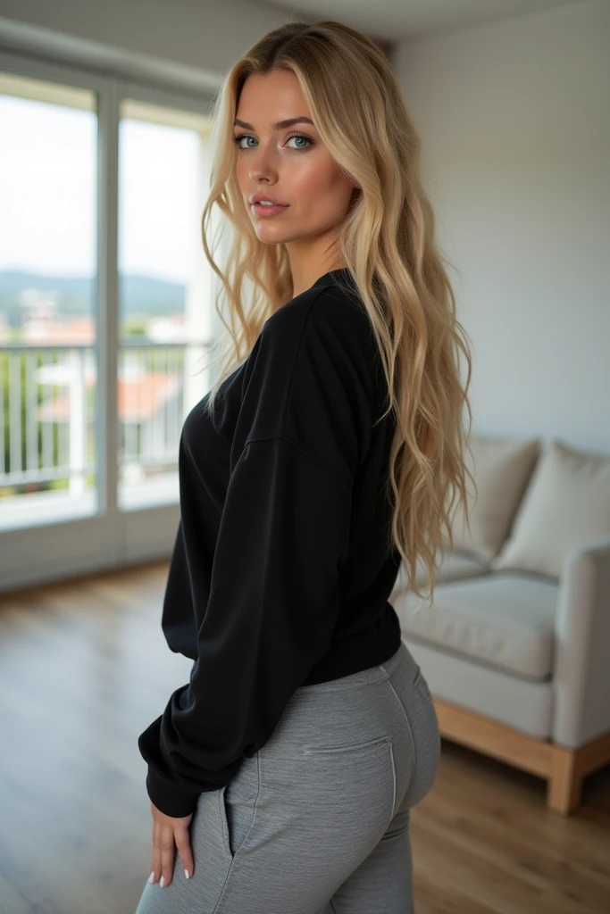 The beautiful girl is getting ready for the disco, age19, Allein, lange Haare, kolossal , Blick auf den Betrachter, blondes Haar, nackten Schultern, braune Augen, Juwel, Full body, eine Halskette, von den Schultern, Pullover, realistisch, Ein sexy