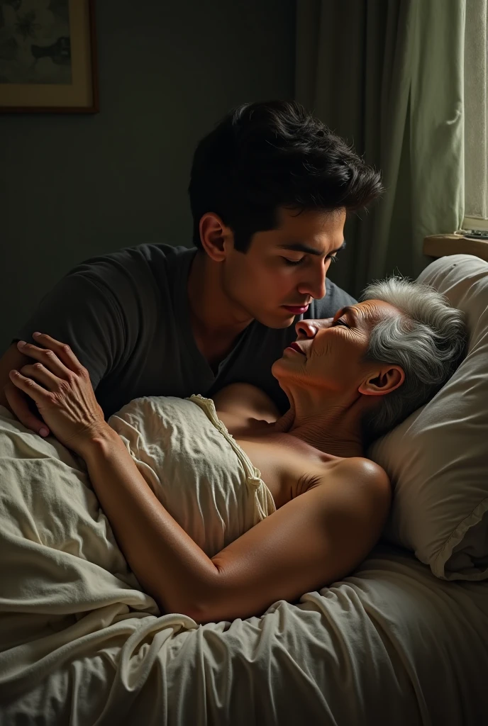 (photorealism:1.2), Beautiful Old Indian Woman, Lying nude on bed with Breasts half covered in Bed sheet Making Love with a Young Boy on Bed, Dim light in the room, Rain pouring outside the window.
