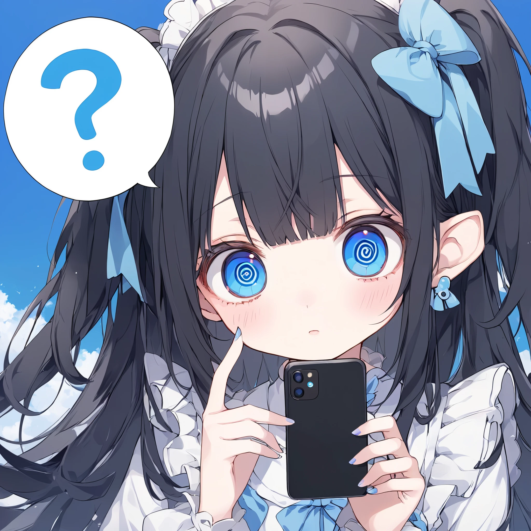 ((A girl with round eyes:1.4))，((long black hair))、(( blue eyes))、is staring at her smartphone with one hand、Question mark