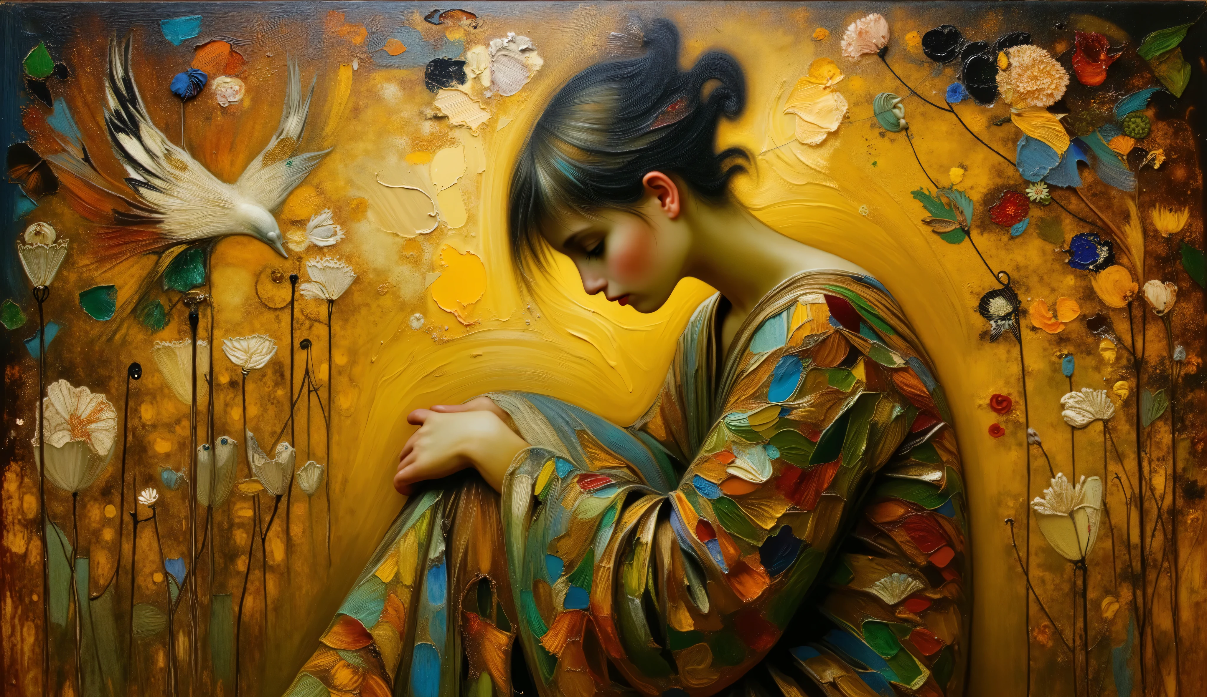 An oil painting in the style of Gustav Klimt depicting an introspective woman seated on the floor, arms wrapped around her knees, head raised, and eyes closed, enveloped by a mystical golden world behind her, emotions shown through intricate floral patterns, birds, and feline figures. Rich textures, warm golden hues, ornate details, luminous aura. --v 5 --stylize 1000