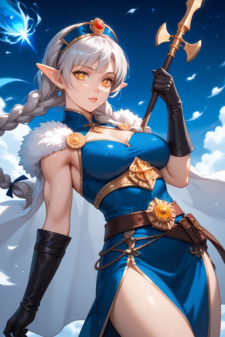 masterpiece, best quality, mature woman, elf, dark skin, gray hair, ponytail, smiling, beautiful breasts, exposed thighs, short black dress, exposed shoulders, belt, fur gloves, thigh-high boots, dynamic pose, in a stone dungeon, dark, dark, night setting, moon, fantasy, medieval.