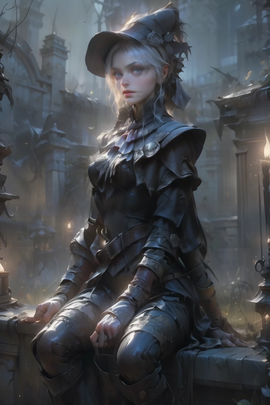 ((best quality)), ((masterpiece)), (detailed), score_9, score_8_up, score_7_up, score_6_up, (1girls), a female occultic knight, witch, knight, wielding a rapier-like sword, perfect face (((mastepiece, of the highest quality, super detailed))), photorealistic, Dark fantasy art, dark fantasy, ((gothic art)), ((Bloodborne inspired)), (Victorian era inspired), (Brotherhood Of The Wolf inspired), (typical witches hat sharing design features of a hunter's cap), (leather trousers with buckles and belts), (occultic vibe), (cosmic horror vibe), (occultic military uniform), (military witch), ((intricate and beautiful cloth and leather clothing)), ((thigh high strapped leather boots)), ((complex buckled leather boots)), (regal and elegant, a person of great social importance), ((mature, foreboding atmosphere)), ((dark and gloomy)), ((((Highly detailed face)))), small thin nose, Small thin lips mouth, (((Very sharp focused eyes))), ((perfect symmetrical beautiful eyes)). looking here, (resolved expression), (resolute expression), (sad face), beautiful (((very small breasts))), (((little boobs))), (((tiny breasts))), (((flat chest:0.1))), (((very tiny boobs))), (((very flat chested))), ((brunette)) hair, ((long ponytail, thick ponytail, heavy ponytail)), very long eyelashes, soft lighting