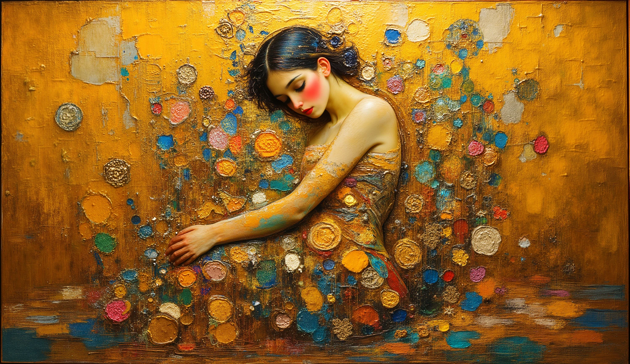 An oil painting in the style of Gustav Klimt depicting an introspective woman seated on the floor, arms wrapped around her knees, head raised, and eyes closed, enveloped by a mystical golden world behind her, emotions shown through intricate floral patterns, birds, and feline figures. Rich textures, warm golden hues, ornate details, luminous aura. --v 5 --stylize 1000