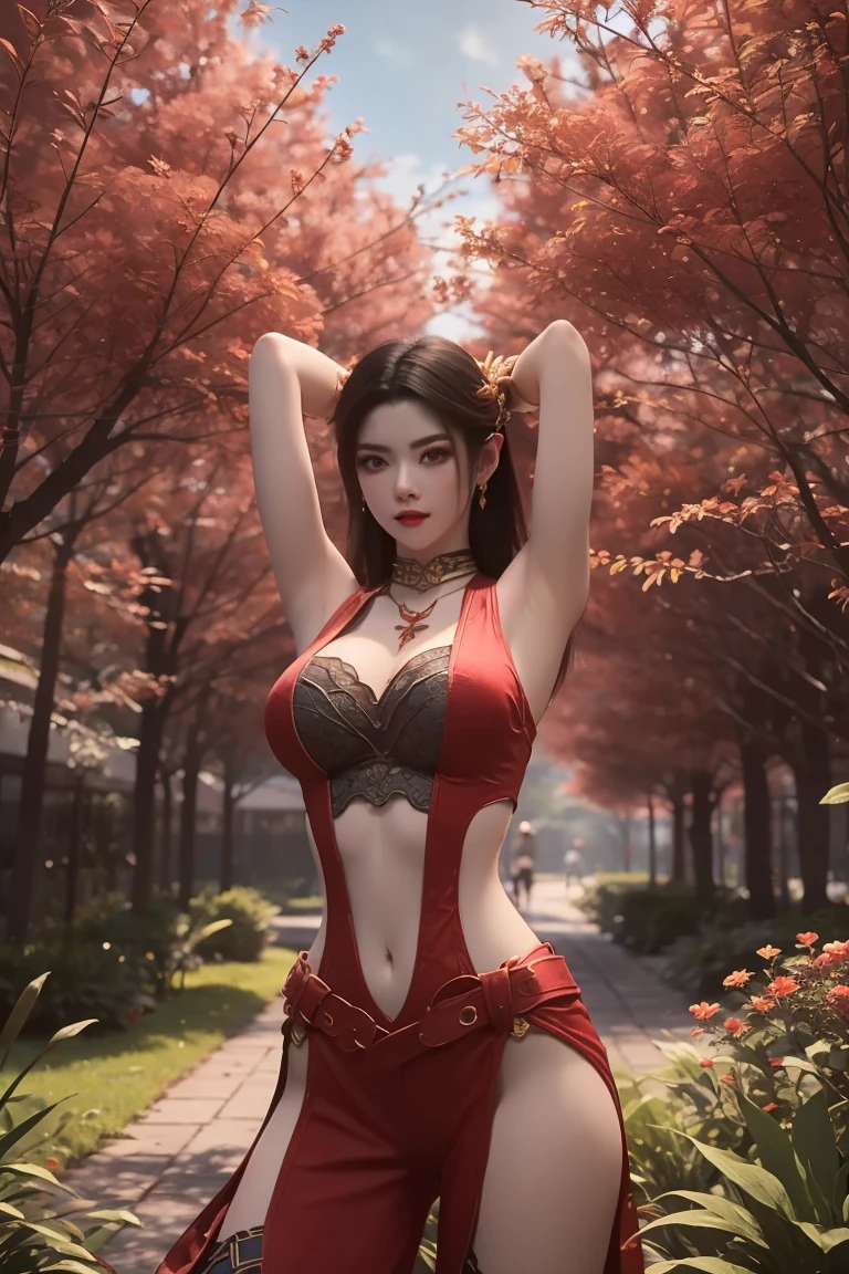There is a full size figure of a beautiful red cat girl dancing in the middle of red rose garden surrounded with rose petals flying on the wind, great quality anime art, illustration, high quality realistic anime art, seductive face expression, beautiful cat girl with blue eyes, 8k character details, high quality anime art, melodic aura around women, high quality illustration, detailed anime wallpaper, detailed anime art
