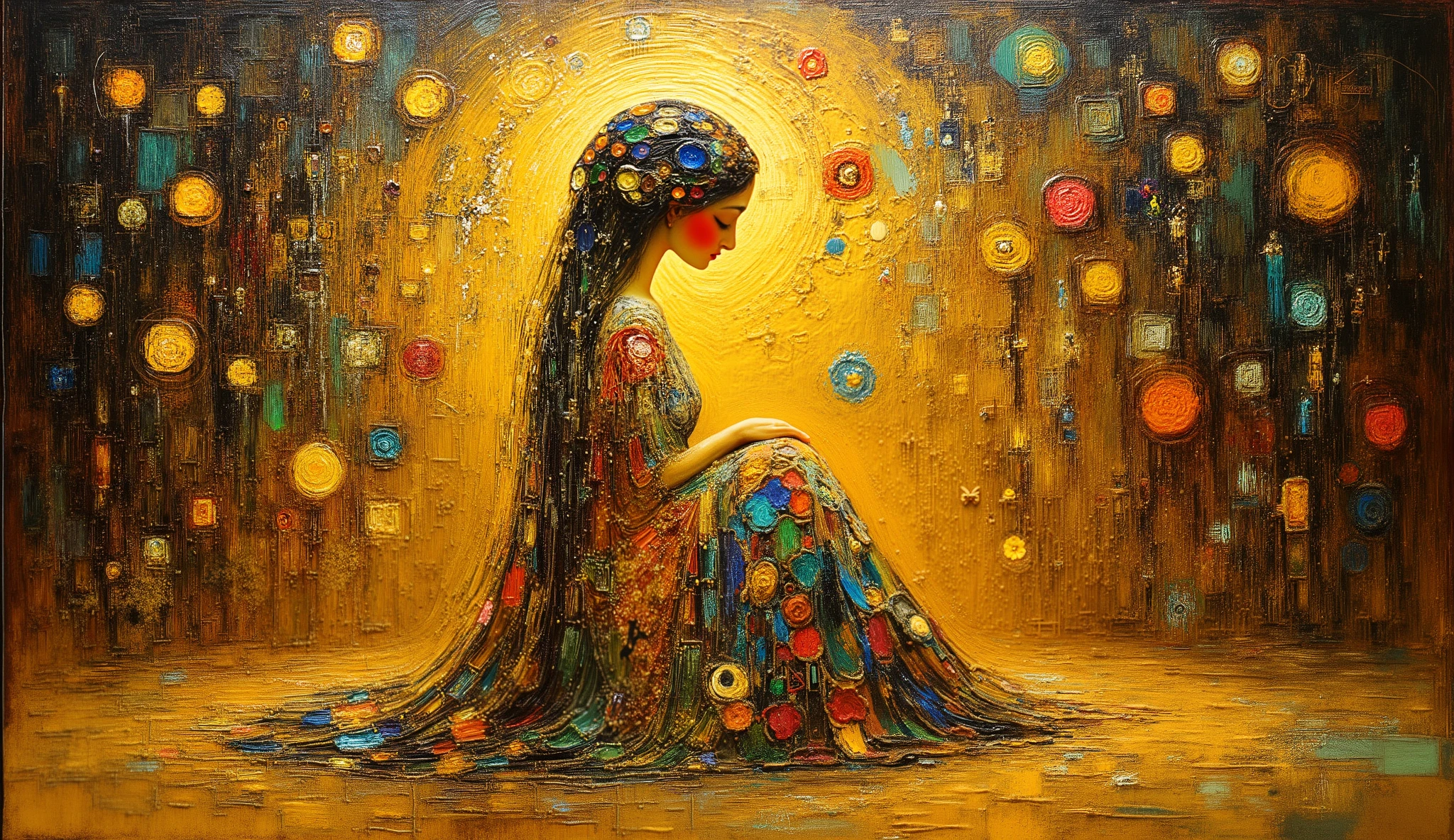 An oil painting in the style of Gustav Klimt depicting an introspective woman seated on the floor, arms wrapped around her knees, head raised, and eyes closed, enveloped by a mystical golden world behind her, emotions shown through intricate floral patterns, birds, and feline figures. Rich textures, warm golden hues, ornate details, luminous aura. --v 5 --stylize 1000