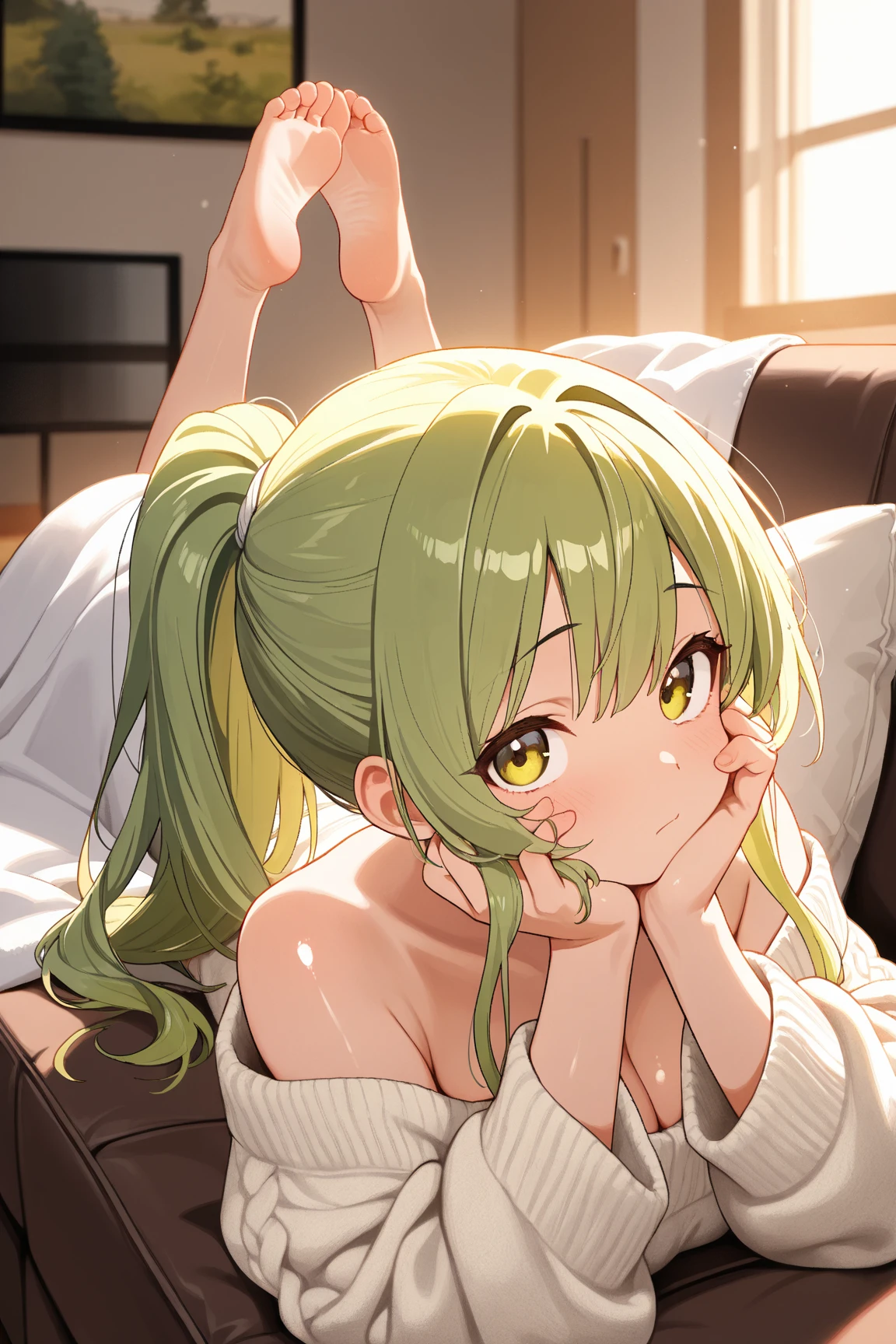 (NFSR8k, Highest quality, masterpiece:1.2), Very detailed, (High brightness:1.3), (High Contrast:1.1), (High chroma:1.1), (Anime screenshots:1.20), ((One 120cm tall young girl:1.30)), ((hair ornaments:1.2)), (Hair between the eyes, Green Hair, bangs, Medium Hair), Green Eyes, skin, Front Angle, (((Both sides up:1.10))), ((Beautiful Eyes:1.2)), (cute eyes:1.2), ((Eye on the details:1.5)), cute, (((((Ahegao:1.30, Sticking out tongue))))), (((((Small breasts:1.30))))), (((Puffy nipples:1.1, Her inner nipples are visible through her tank top:1.30))), (((((A tank top with a wide open chest:1.40))))), ((the body is slim:1.10)), ((blush)), (indoor, Sex Hotels, In bed), ((whole body:1.2)), (((((Prostration:1.40)))), (Shiny skin:1.10), (Oilskin:1.5), ((Basic structure of the human body:1.60)), ((barefoot:1.10))