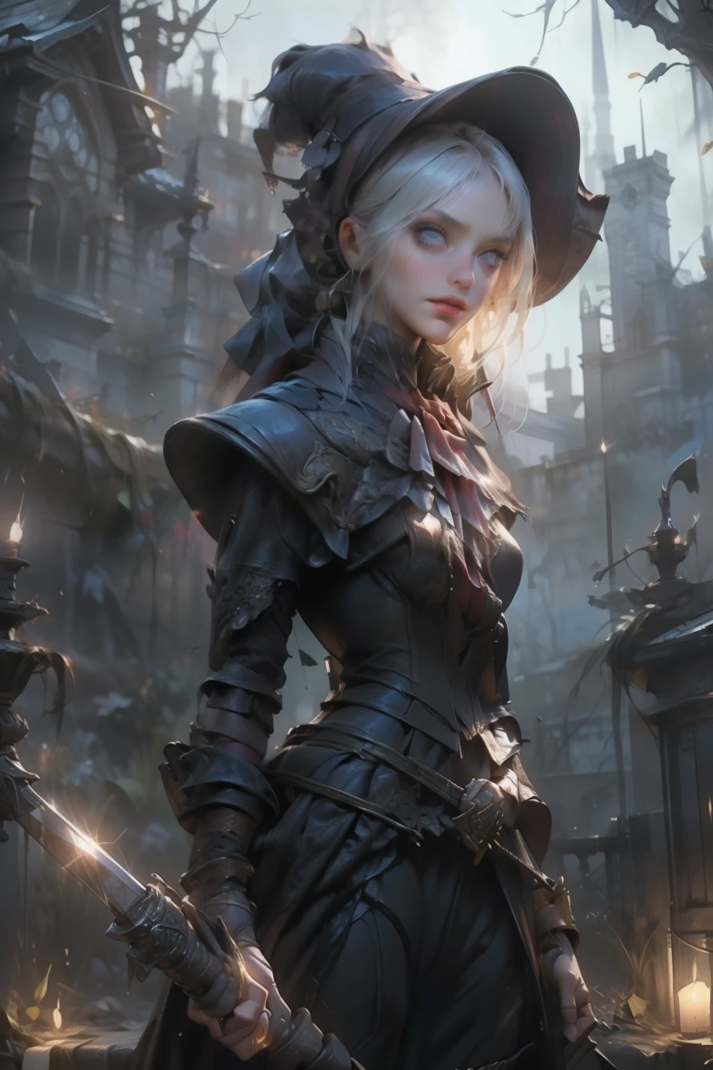 ((best quality)), ((masterpiece)), (detailed), score_9, score_8_up, score_7_up, score_6_up, (1girls), a female occultic knight, witch, knight, wielding a rapier-like sword, perfect face (((mastepiece, of the highest quality, super detailed))), photorealistic, Dark fantasy art, dark fantasy, ((gothic art)), ((Bloodborne inspired)), (Victorian era inspired), (Brotherhood Of The Wolf inspired), (typical witches hat sharing design features of a hunter's cap), (leather trousers with buckles and belts), (occultic vibe), (cosmic horror vibe), (occultic military uniform), (military witch), ((intricate and beautiful cloth and leather clothing)), ((thigh high strapped leather boots)), ((complex buckled leather boots)), (regal and elegant, a person of great social importance), ((mature, foreboding atmosphere)), ((dark and gloomy)), ((((Highly detailed face)))), small thin nose, Small thin lips mouth, (((Very sharp focused eyes))), ((perfect symmetrical beautiful eyes)). looking here, (resolved expression), (resolute expression), (sad face), beautiful (((very small breasts))), (((little boobs))), (((tiny breasts))), (((flat chest:0.1))), (((very tiny boobs))), (((very flat chested))), ((brunette)) hair, ((long ponytail, thick ponytail, heavy ponytail)), very long eyelashes, soft lighting