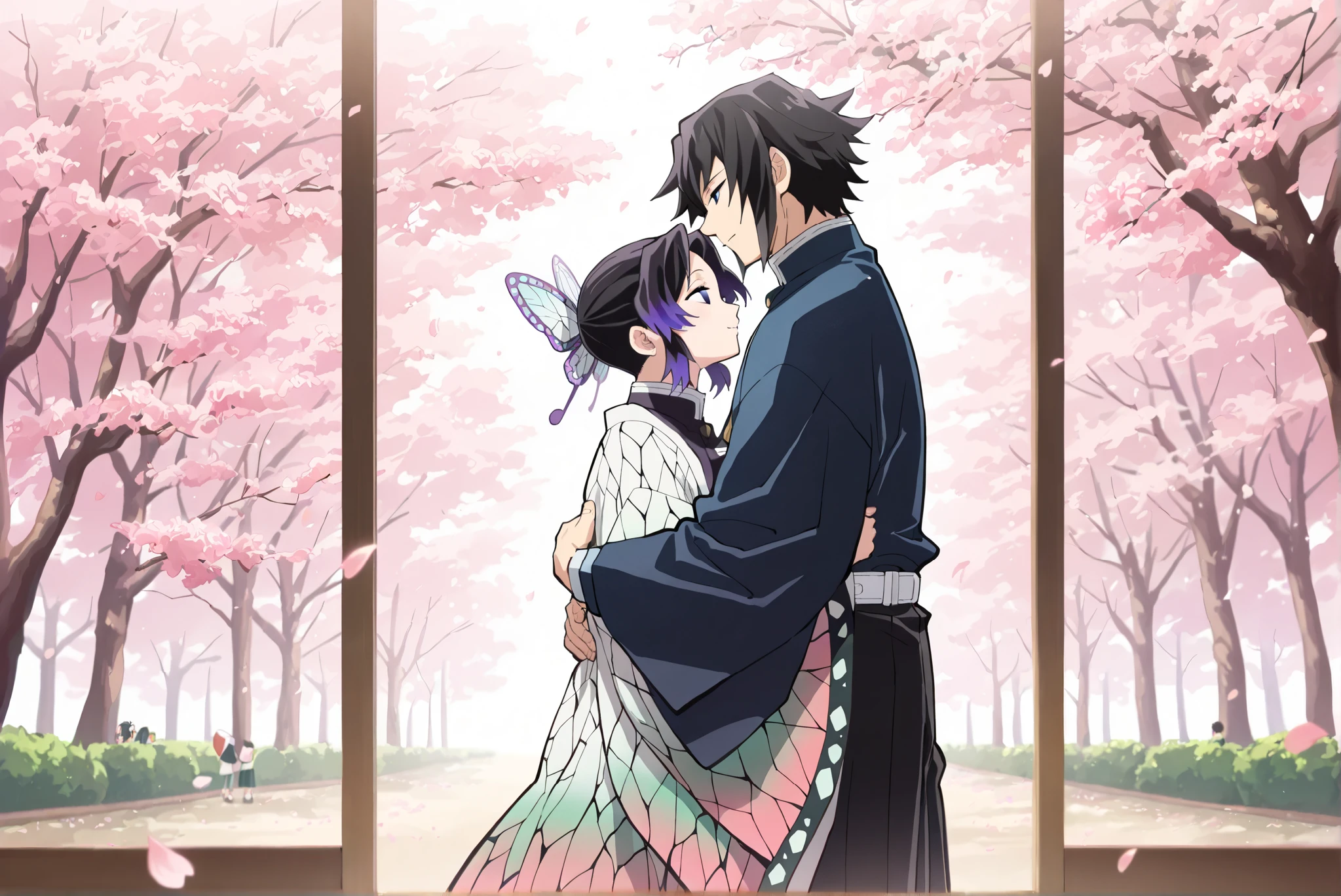 ((masterpiece)), ((best quality)), (8k), A brunette boy and a girl hugging each other, (Giyuu Tomioka), The boy is Tomioka Giyu from Demon Slayer, Tomioka Yoshiyuki, Tomioka Giyu , (kochou shinobu), The girl is Shinobu Kocho from Demon Slayer, cherry blossom tree background, falling petals, anime style, Anime style, Refer to the style of Koyoharu Gotouge's work
