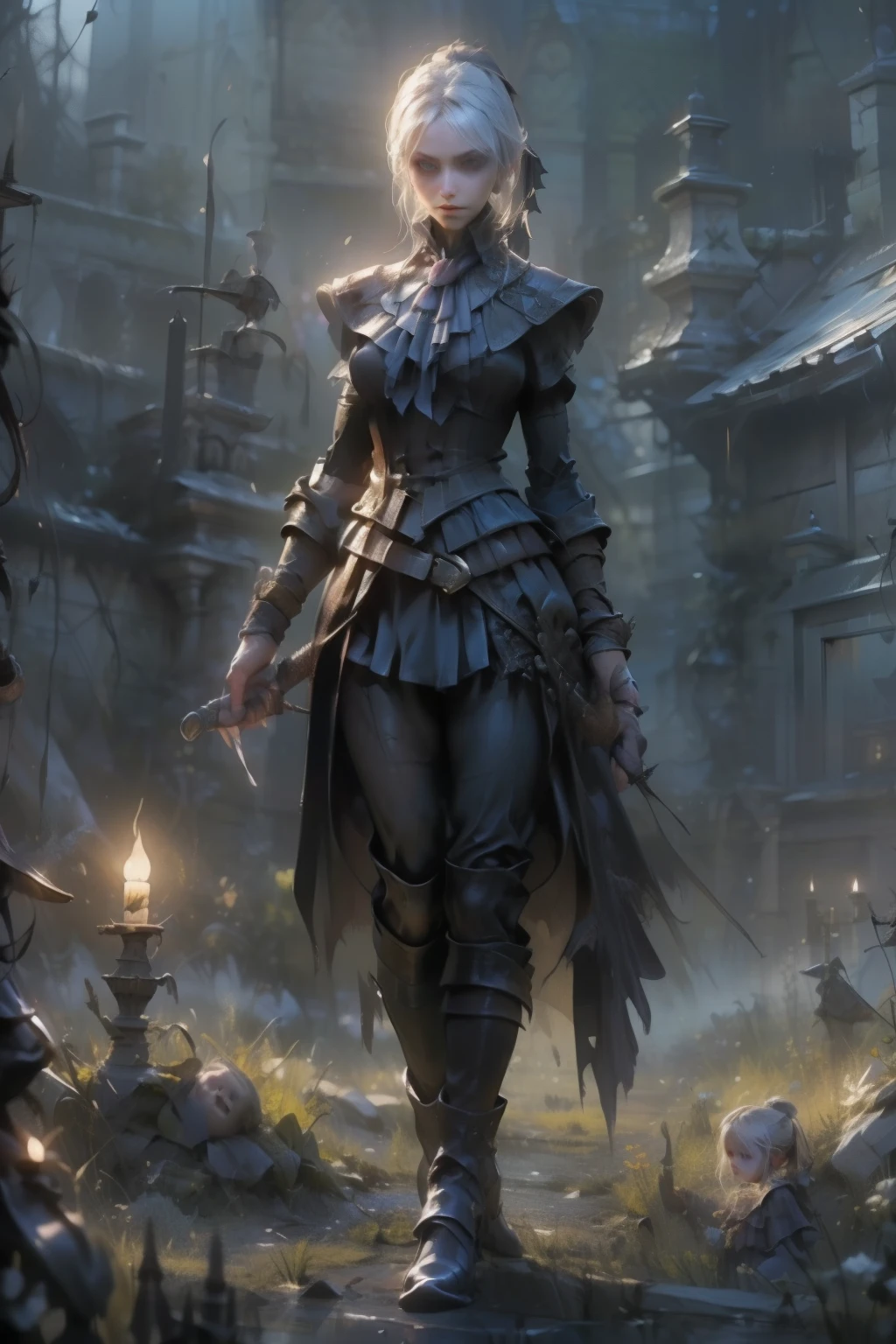 ((best quality)), ((masterpiece)), (detailed), score_9, score_8_up, score_7_up, score_6_up, (1girls), a female occultic knight, witch, knight, wielding a rapier-like sword, perfect face (((mastepiece, of the highest quality, super detailed))), photorealistic, Dark fantasy art, dark fantasy, ((gothic art)), ((Bloodborne inspired)), (Victorian era inspired), (Brotherhood Of The Wolf inspired), (typical witches hat sharing design features of a hunter's cap), (leather trousers with buckles and belts), (occultic vibe), (cosmic horror vibe), (occultic military uniform), (military witch), ((intricate and beautiful cloth and leather clothing)), ((thigh high strapped leather boots)), ((complex buckled leather boots)), (regal and elegant, a person of great social importance), ((mature, foreboding atmosphere)), ((dark and gloomy)), ((((Highly detailed face)))), small thin nose, Small thin lips mouth, (((Very sharp focused eyes))), ((perfect symmetrical beautiful eyes)). looking here, (resolved expression), (resolute expression), (sad face), beautiful (((very small breasts))), (((little boobs))), (((tiny breasts))), (((flat chest:0.1))), (((very tiny boobs))), (((very flat chested))), ((brunette)) hair, ((long ponytail, thick ponytail, heavy ponytail)), very long eyelashes, soft lighting