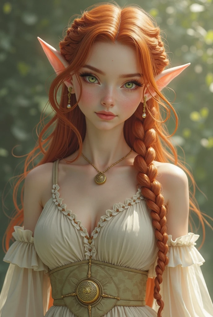 young adult, beautiful, redhead, side part hairstyle, dark green eyes, elven dress, tiara, elf, sorcerer, fantasy, magical, purple pendant or amulet, whole body