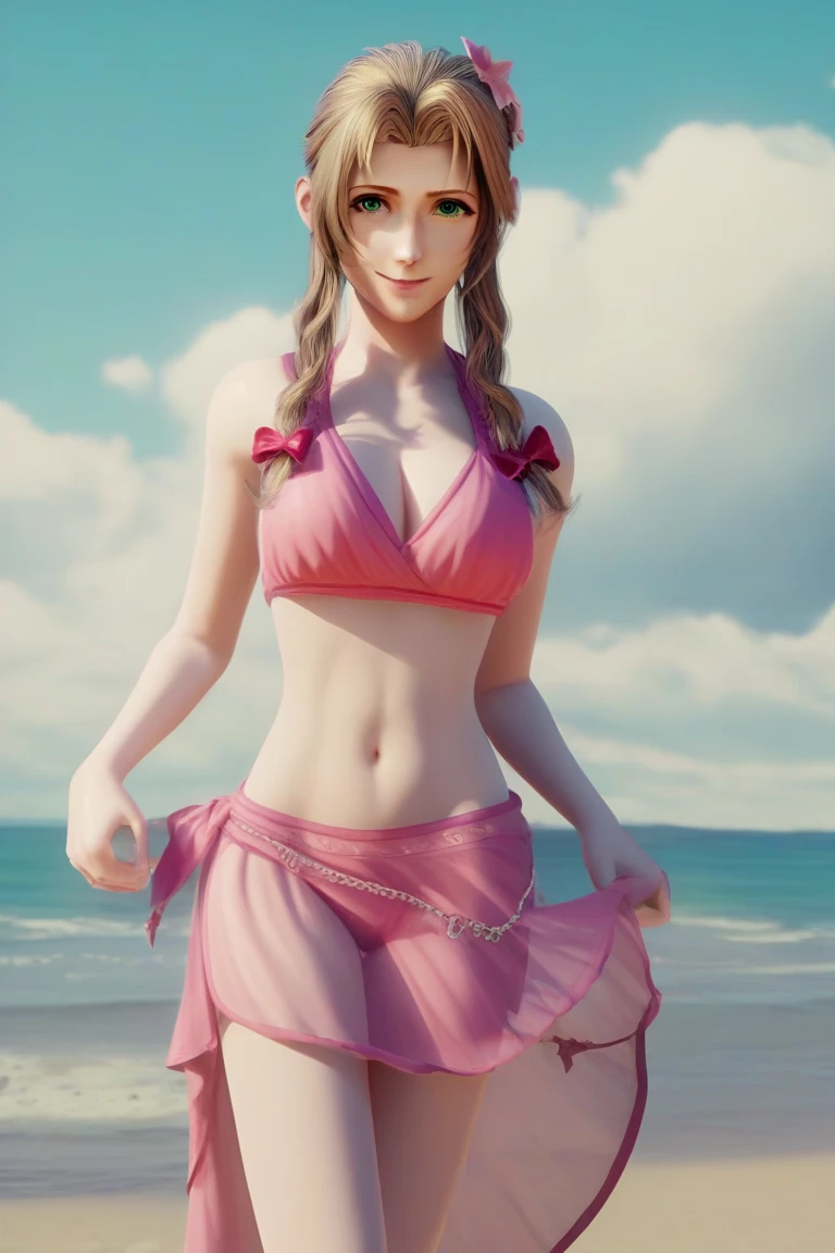 Master piece,best quality,official style, final fantasy movie,Aerith Gainsborough,realistic textured, Ultra-realistic capture, Highly detailed, High resolution 16k close-up of human skin. Skin texture must be natural, With such detail that pores can be finely identified. Skin should look healthy,3d,cowboy_shot,micro_bikini, curvy, light smile, beach, crowd,