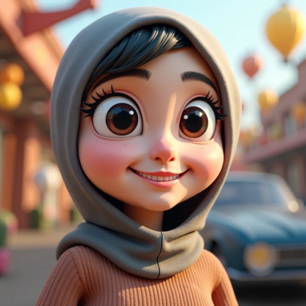 Hijab Muslim. Wear pink white. Pink google spectacle on head. Very cute. Age 15 year old. Jump on and have a super strong power. Lifting the car. 