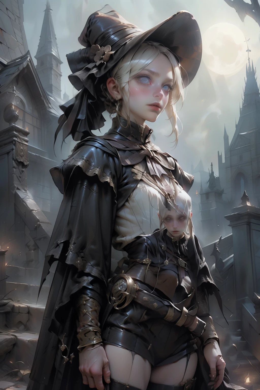 ((best quality)), ((masterpiece)), (detailed), score_9, score_8_up, score_7_up, score_6_up, (1girls), a female occultic knight, witch, knight, wielding a rapier-like sword, perfect face (((mastepiece, of the highest quality, super detailed))), photorealistic, Dark fantasy art, dark fantasy, ((gothic art)), ((Bloodborne inspired)), (Victorian era inspired), (Brotherhood Of The Wolf inspired), (typical witches hat sharing design features of a hunter's cap), (leather trousers with buckles and belts), (occultic vibe), (cosmic horror vibe), (occultic military uniform), (military witch), ((intricate and beautiful cloth and leather clothing)), ((thigh high strapped leather boots)), ((complex buckled leather boots)), (regal and elegant, a person of great social importance), ((mature, foreboding atmosphere)), ((dark and gloomy)), ((((Highly detailed face)))), small thin nose, Small thin lips mouth, (((Very sharp focused eyes))), ((perfect symmetrical beautiful eyes)). looking here, (resolved expression), (resolute expression), (sad face), beautiful (((very small breasts))), (((little boobs))), (((tiny breasts))), (((flat chest:0.1))), (((very tiny boobs))), (((very flat chested))), ((brunette)) hair, ((long ponytail, thick ponytail, heavy ponytail)), very long eyelashes, soft lighting
